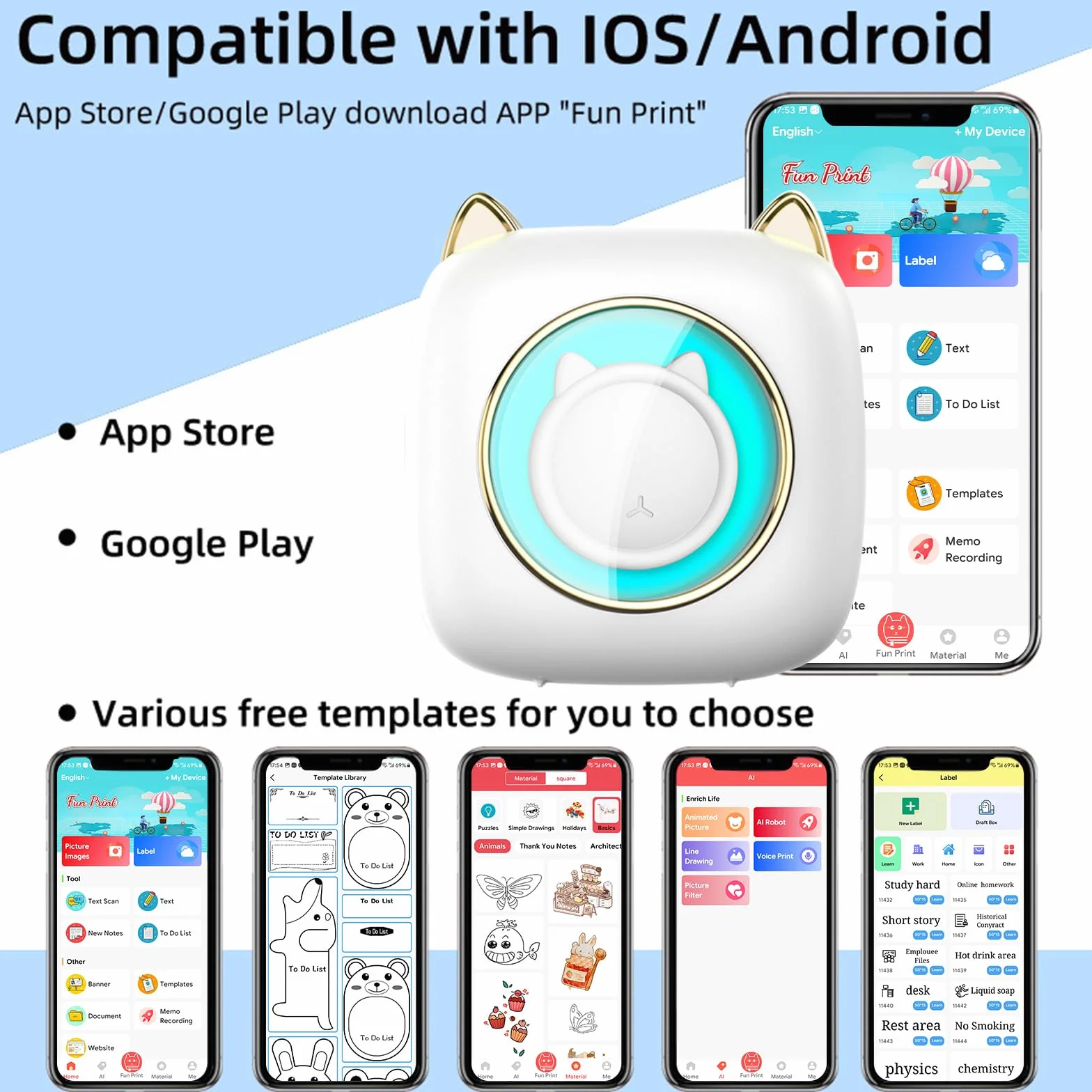 Mini Imprimante Thermique Portable Bluetooth pour iOS Android, 14 Rouleaux Papier, Étiquettes, Images, Blanc