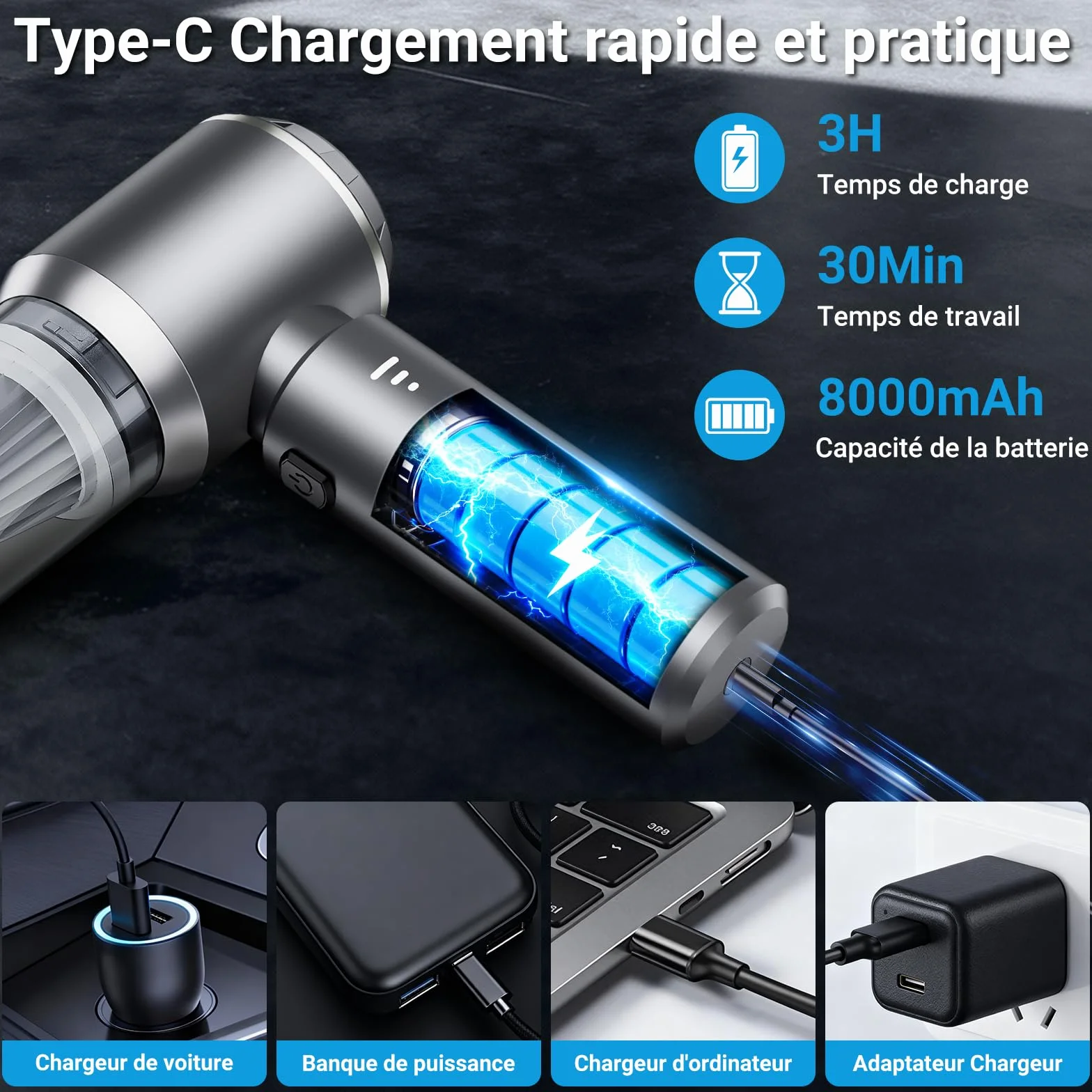 Aspirateur à Main sans Fil 26000Pa, 3 Vitesses Moteur sans Brosse, Mini Aspirateur de Voiture pour Animaux Maison