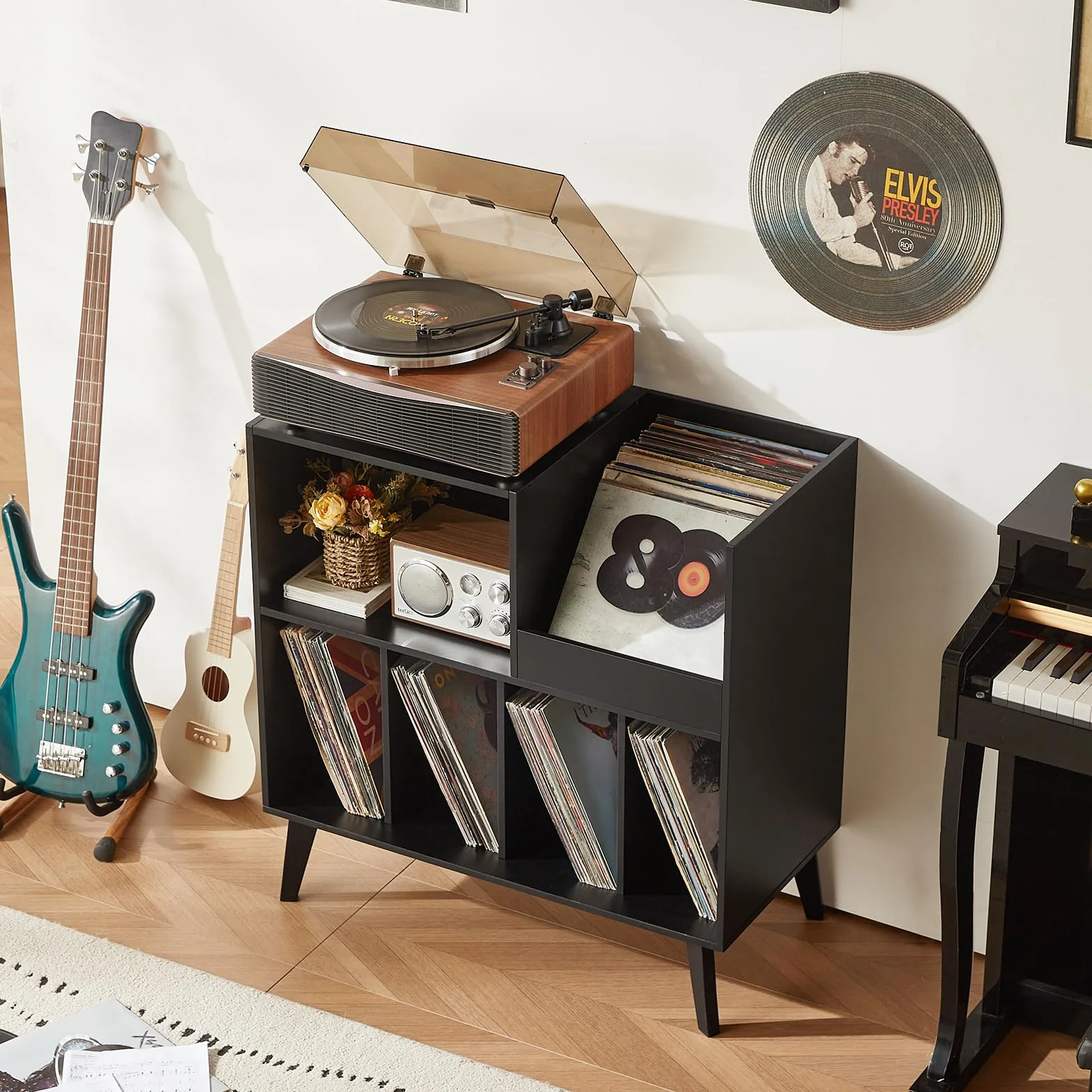 Großer Plattenständer mit Aufbewahrung,Plattenspieler-Ständer mit Ablage,Vinylplatten-Halterung mit Präsentationsfläche,Plattenständer für bis zu 300 Alben, Plattenregal für Musikzimmer und Wohnzimmer