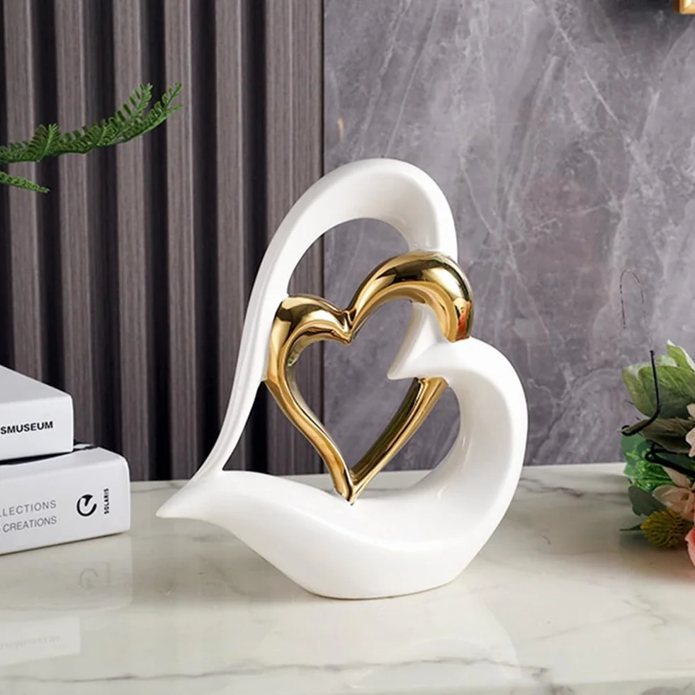 Statue en Céramique Double Cœur Décoration Maison Moderne 22 cm