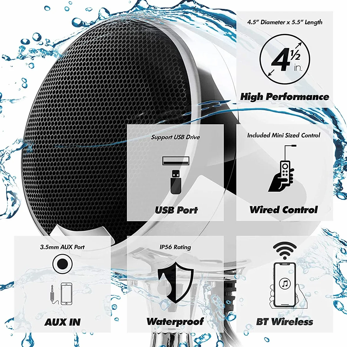 Wbudowany wzmacniacz 600 W, 11.4 cm, pełnozakresowe, wodoodporne, Bluetooth, motocyklowe, stereo, system audio z USB AUX MP3, pasuje do montażu na kierownicy od 1 do 1-1/10.2 cm (chromowany)