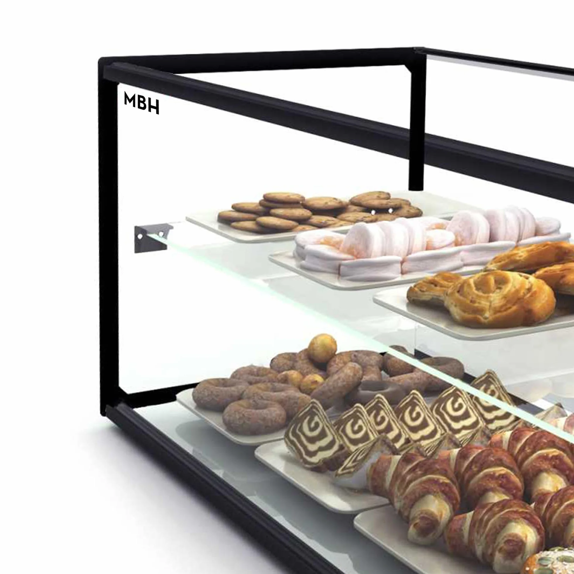 MBH - Vitrine neutre de comptoir 92x39 cm, vitrage droit trempé, 2 niveaux, sans éclairage LED, portes arrière coulissantes, pour bar, café, restaurant, viennoiseries et pâtisserie.