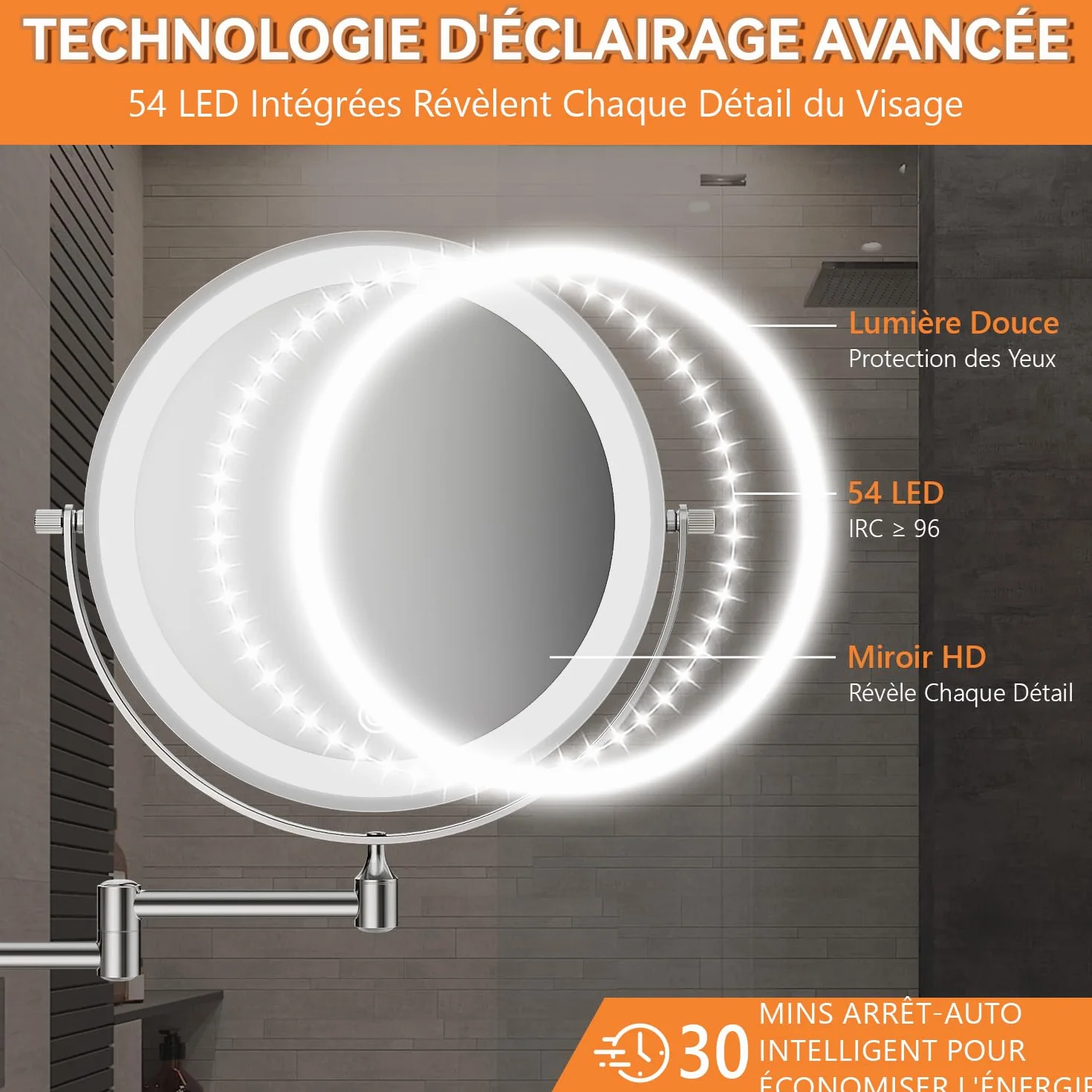 Auxmir Miroir Grossissant Mural 1X/30X, 3200mAh, 3 Modes Couleur, 360° Pivotant Extensible
