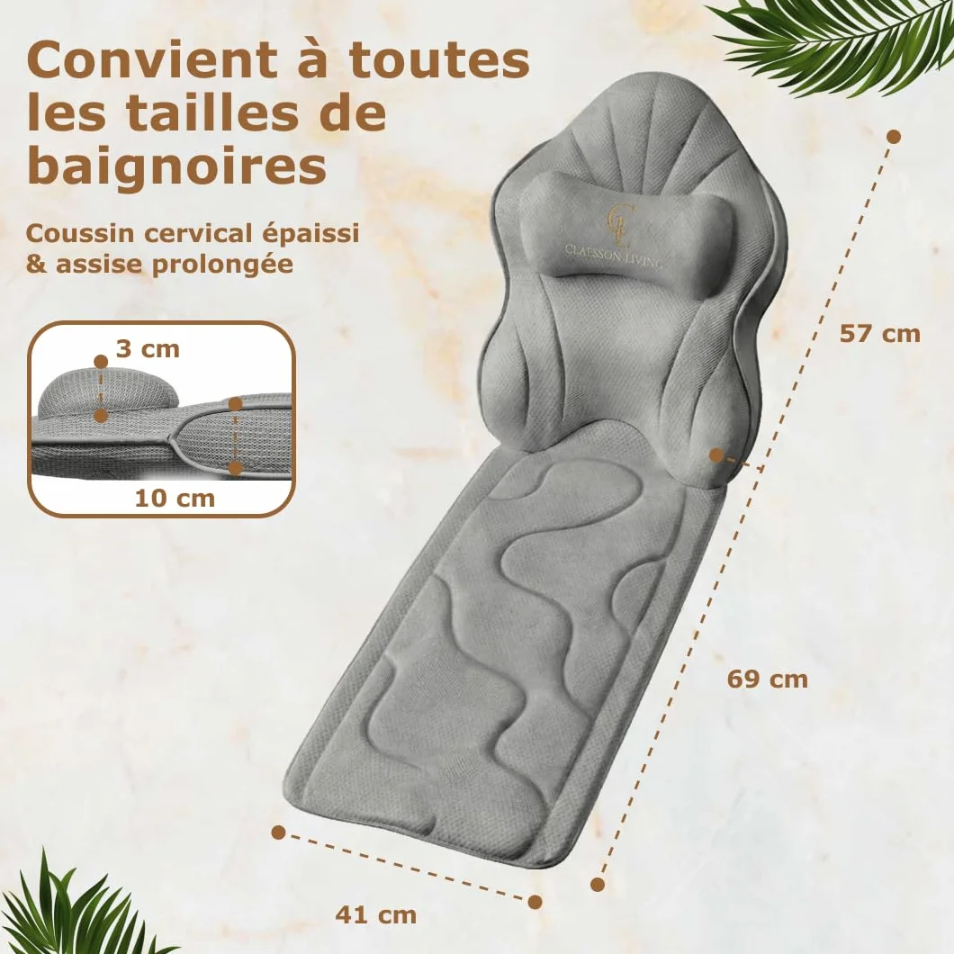 Coussin Baignoire Corps Complet Claessonliving (126x41cm) - Matelas de Bain avec appuie-tête (13cm) & Supports Corps - Coussin Baignoire Adulte - Oreiller Baignoire - Sacs de Lavage Inclus - Gris