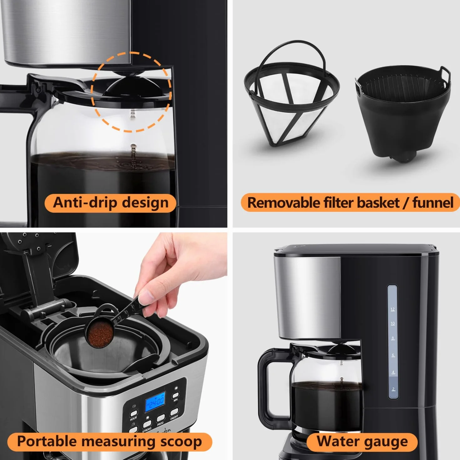 Taylor Swoden Cafetiere Filtre, Programmable 24h Cafetiere Electrique 1,5L à 12 tasses, Machine a Cafe Maintien au Chaud et Anti-Goutte 40 Min, Infusion Rapide, 950W, 0% BPA, Noir - Darcy