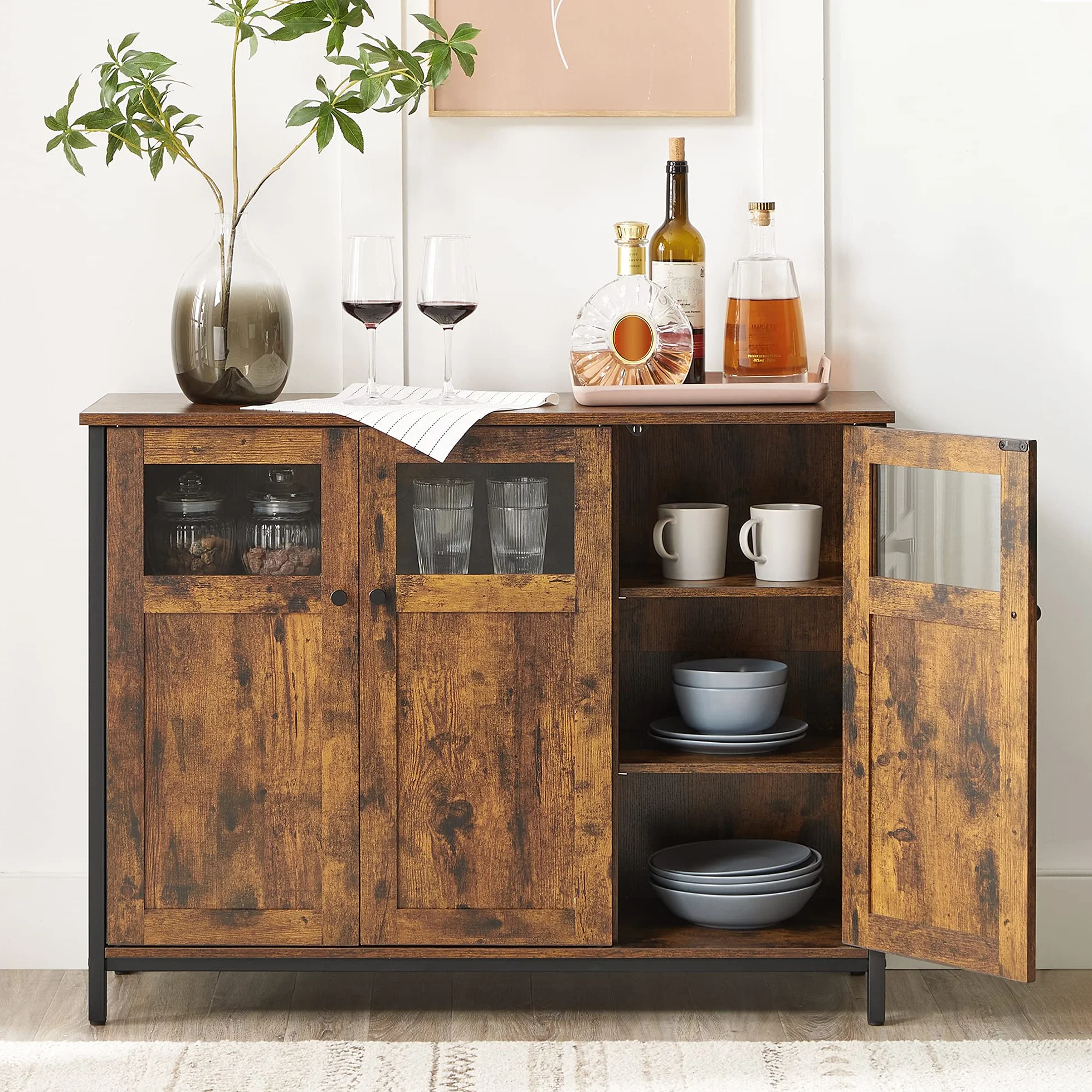VASAGLE Meuble de Rangement, Buffet, avec Placard 3 Portes, pour Salle à Manger, Salon, Cuisine, entrée, Cadre en Acier, Style Industriel, Marron Rustique et Noir d'encre LSC099B01