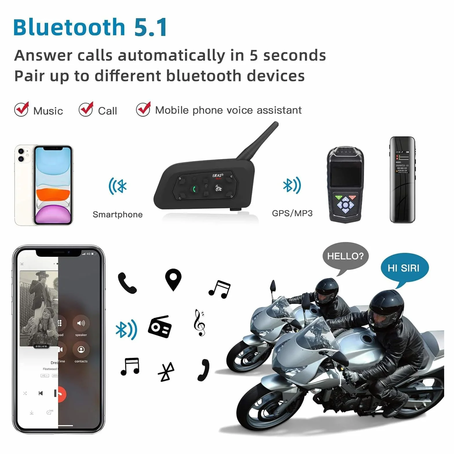 EJEAS V6 Motocyklowy interkom Bluetooth, 1200m Motocyklowe Zestawy Słuchawkowe Bluetooth, System Komunikacji z Wodoodpornym, GPS, DSP Redukcja szumów, USB-C (2 szt.)
