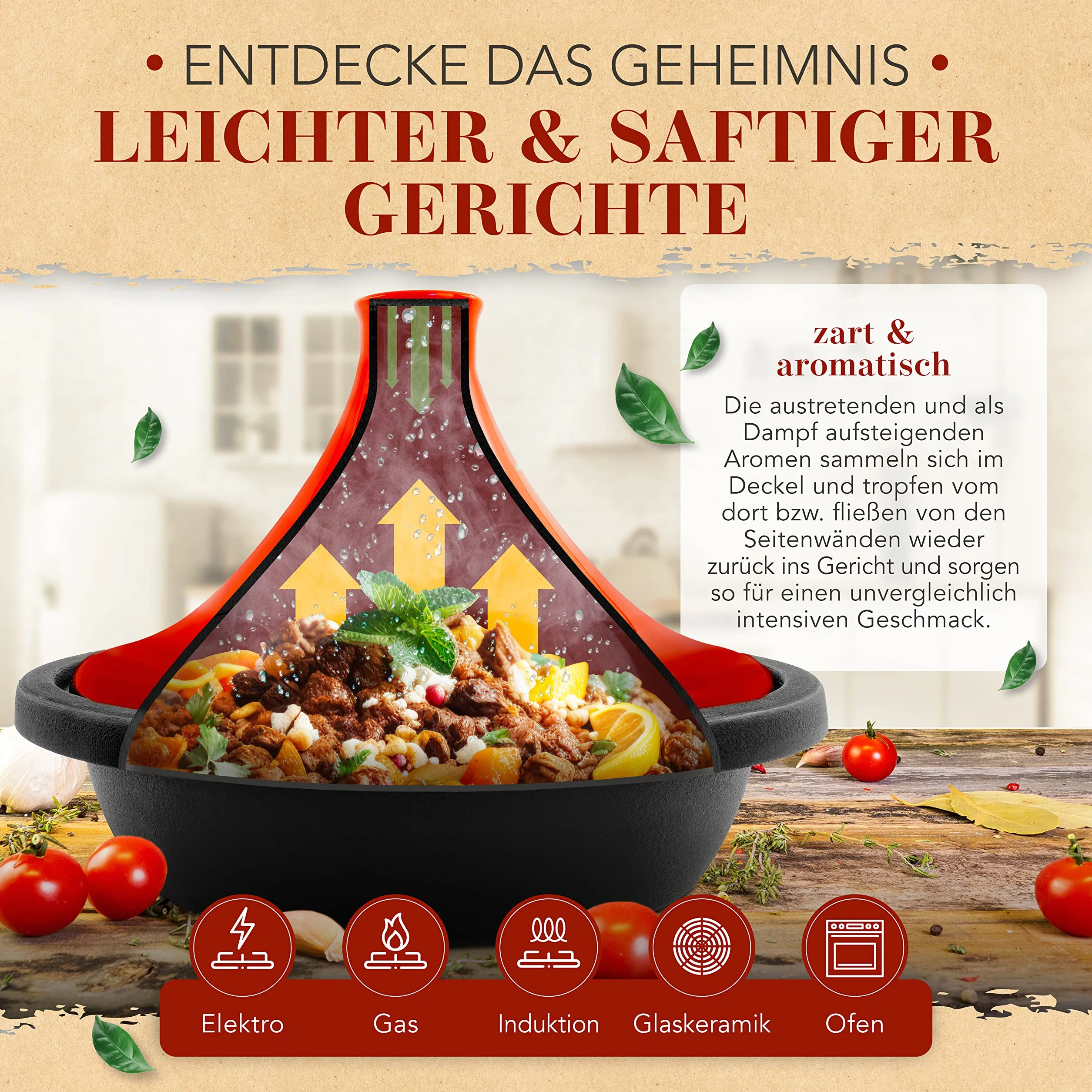 KRUSTENZAUBER Tajine pour 2 à 4 personnes – Tajine oriental en fonte de qualité supérieure de 27 cm – Convient pour induction et four