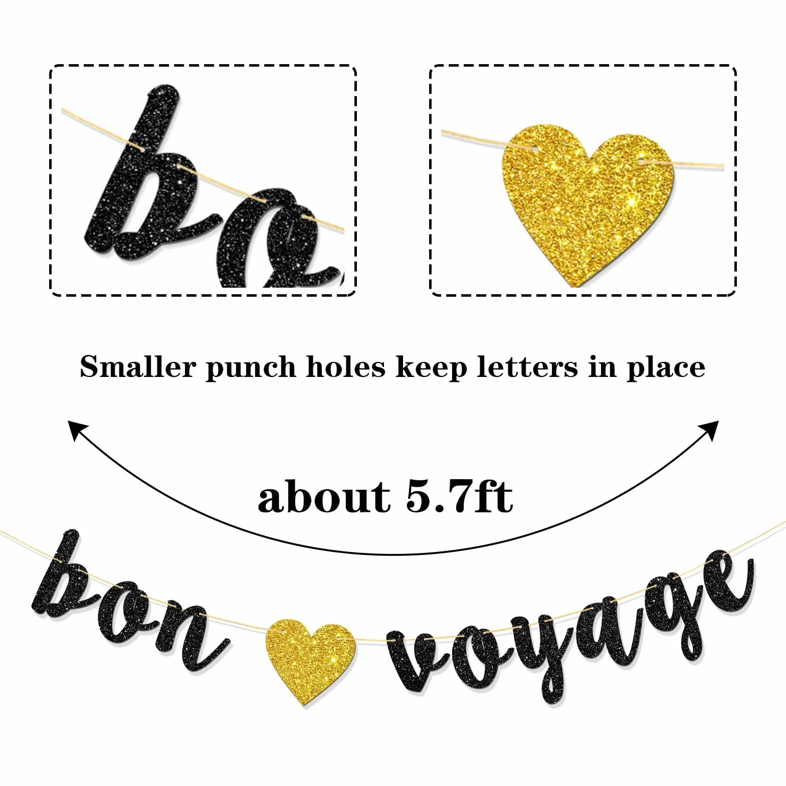 Bannière Bon Voyage – Banderole de fanions de fête thème voyage – The Adventure Begin – Décorations adieu – Paillettes noires