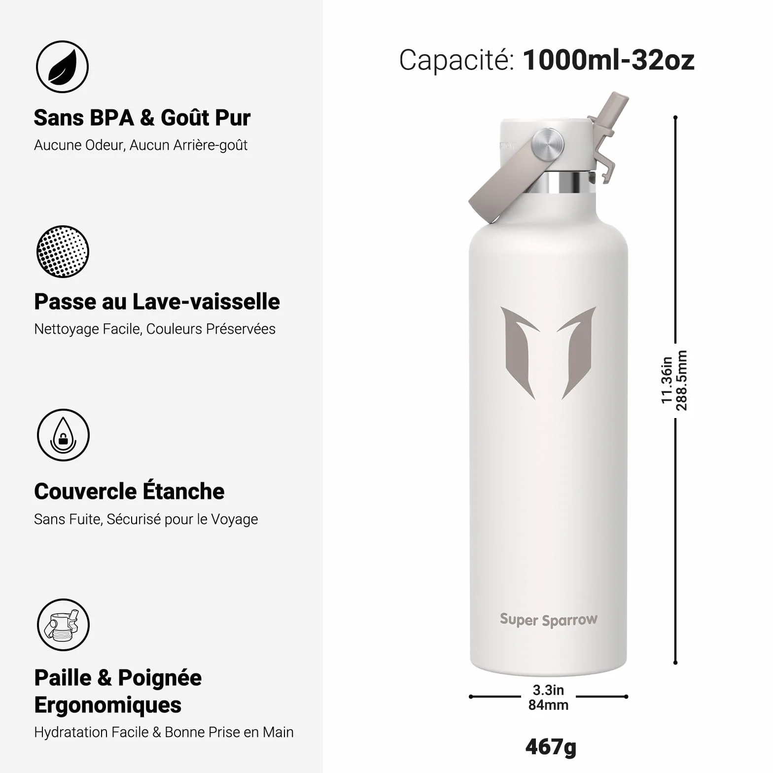 Super Sparrow Gourde Isotherme Bouteille Isotherme 350ml 500ml 750ml 1L 1.2L Étanche Couvercle à Paille sans BPA