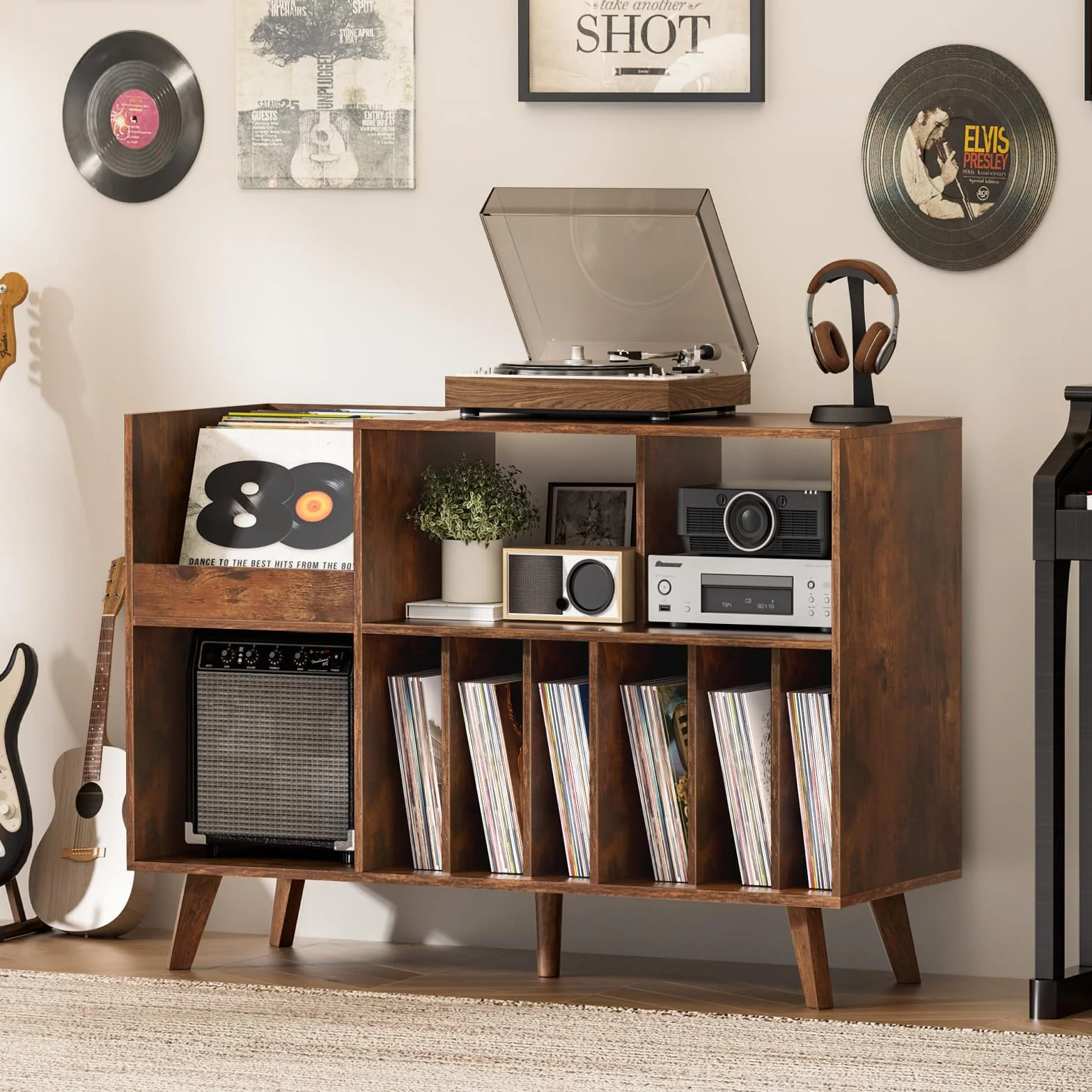 LELELINKY Grand support de tourne-disque avec rangement, support en vinyle avec zone d'affichage, table de tourne-disque pouvant contenir jusqu'à 450 albums, support de disque pour salle de musique