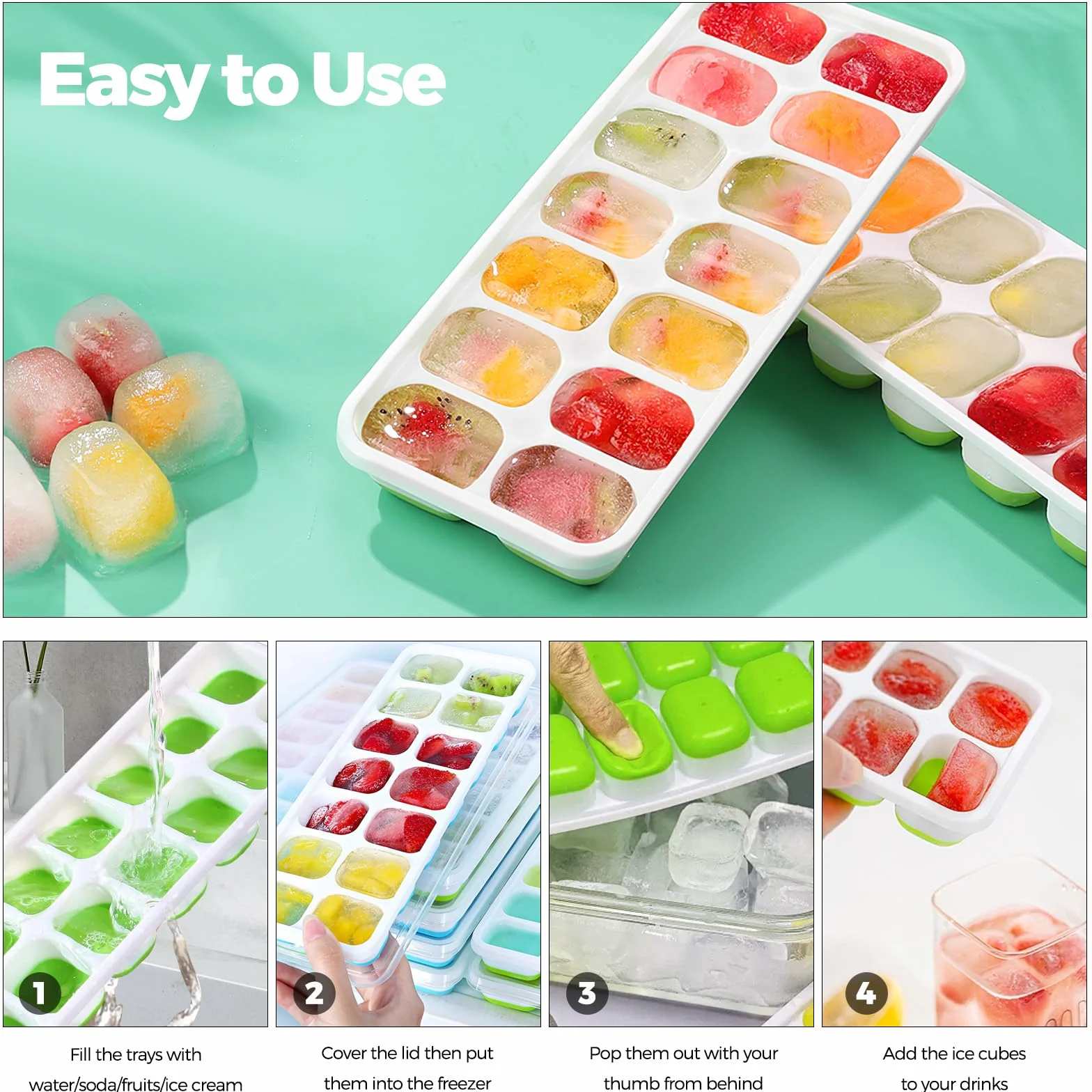 Bacs à glaçons en silicone avec couvercle, 4 pièces, LFGB, sans BPA, carrés faciles à retirer