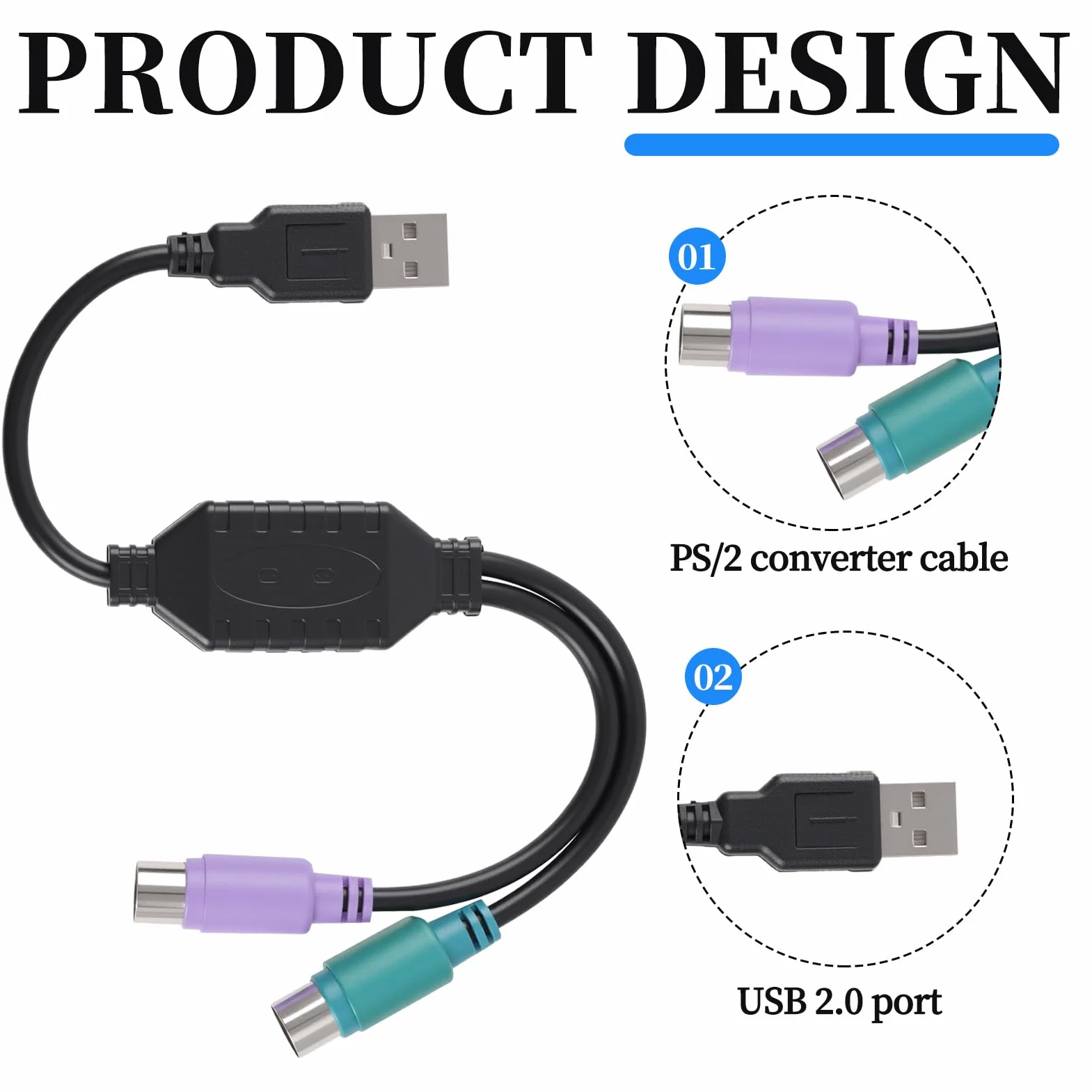 Adaptateur PS/2 vers USB, Convertisseur Câble PS/2 vers USB pour Clavier et Souris PS2