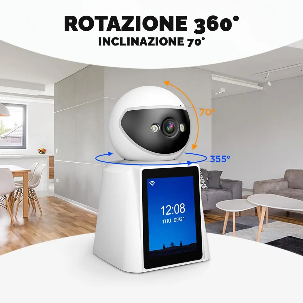Kamera bezpieczeństwa, wyświetlacz 2,8" HD, dwukierunkowe rozmowy wideo, wykrywanie człowieka, podczerwień, możliwość podłączenia za pomocą aplikacji na Androida lub iOS, panoramiczne