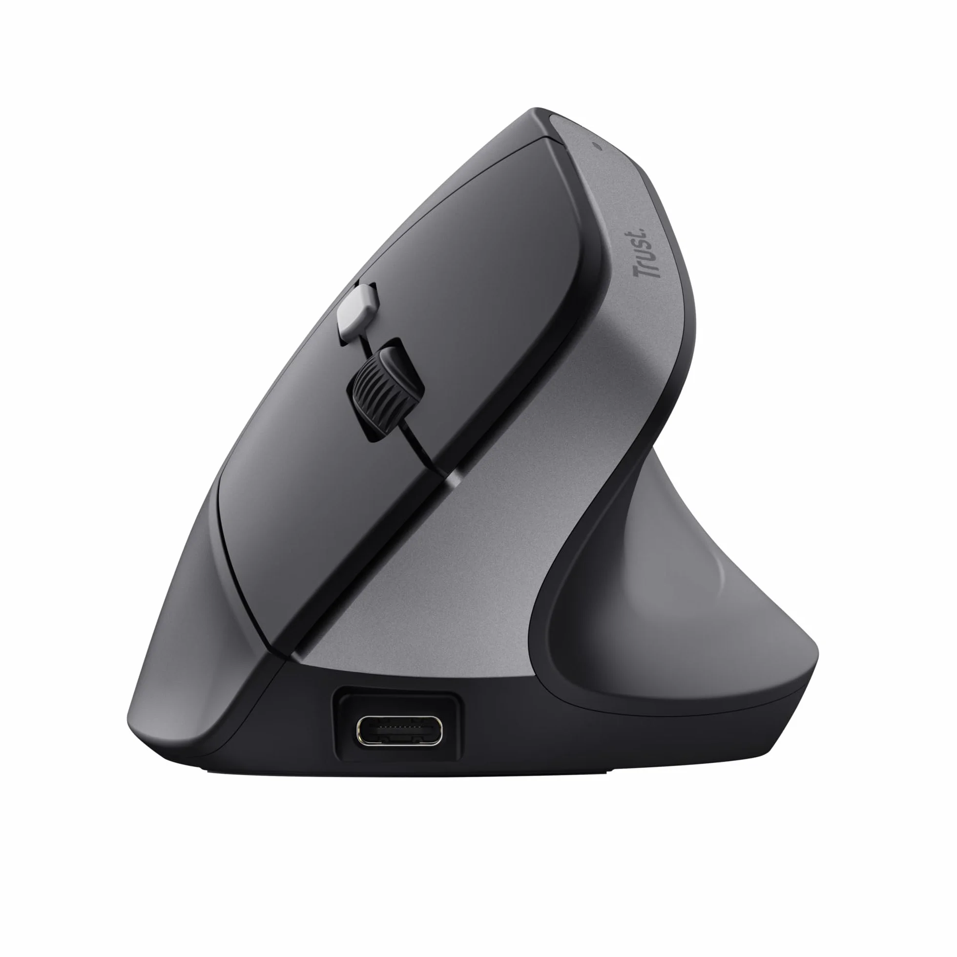 Trust Yuno Ergonomiczna Mysz Bezprzewodowa z Akumulatorem, Myszka Pionowa z Odbiornikiem USB 2.4GHz, Regulowane DPI 800-2400, Sensor Optyczny, 6 Przycisków, 70% Plastiku z Recyklingu - Czarny