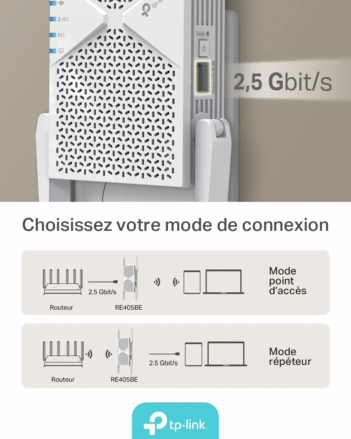 TP-Link RE405BE - BE6500 Przedłużacz sygnału Wi-Fi 7 Dual Band 6,5 Gb/s z portem 2,5 GbE i kompatybilnością EasyMesh