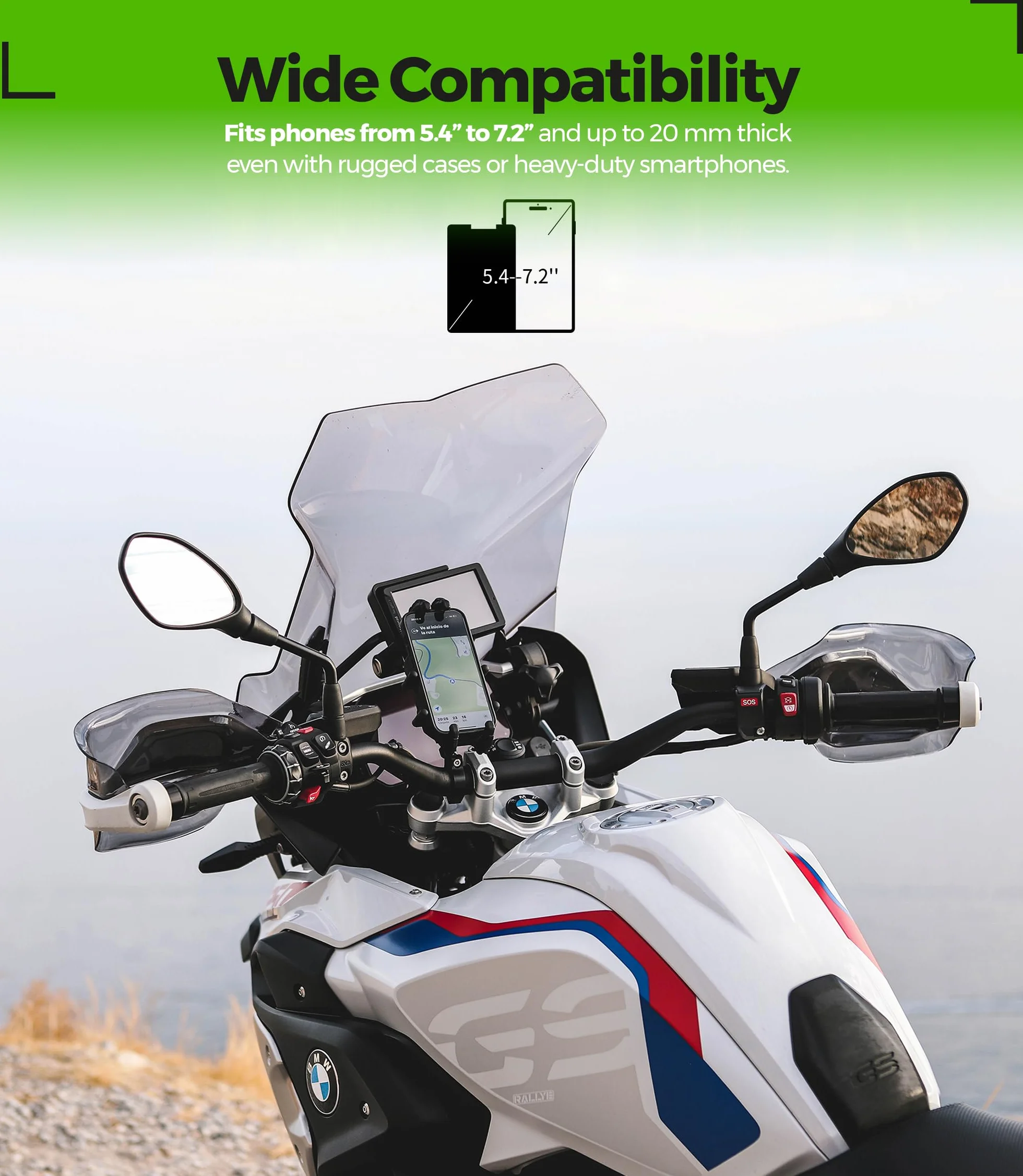 Uchwyt na Telefon do Motocykla Ultrabtrwały【Zabezpieczenie przed kradzieżą i podwójny system antywibracyjny】 Uchwyt Telefonu do Roweru 5,4–7,2" i Smartfonów Wytrzymałych 【Regulowane Ramię 360°】