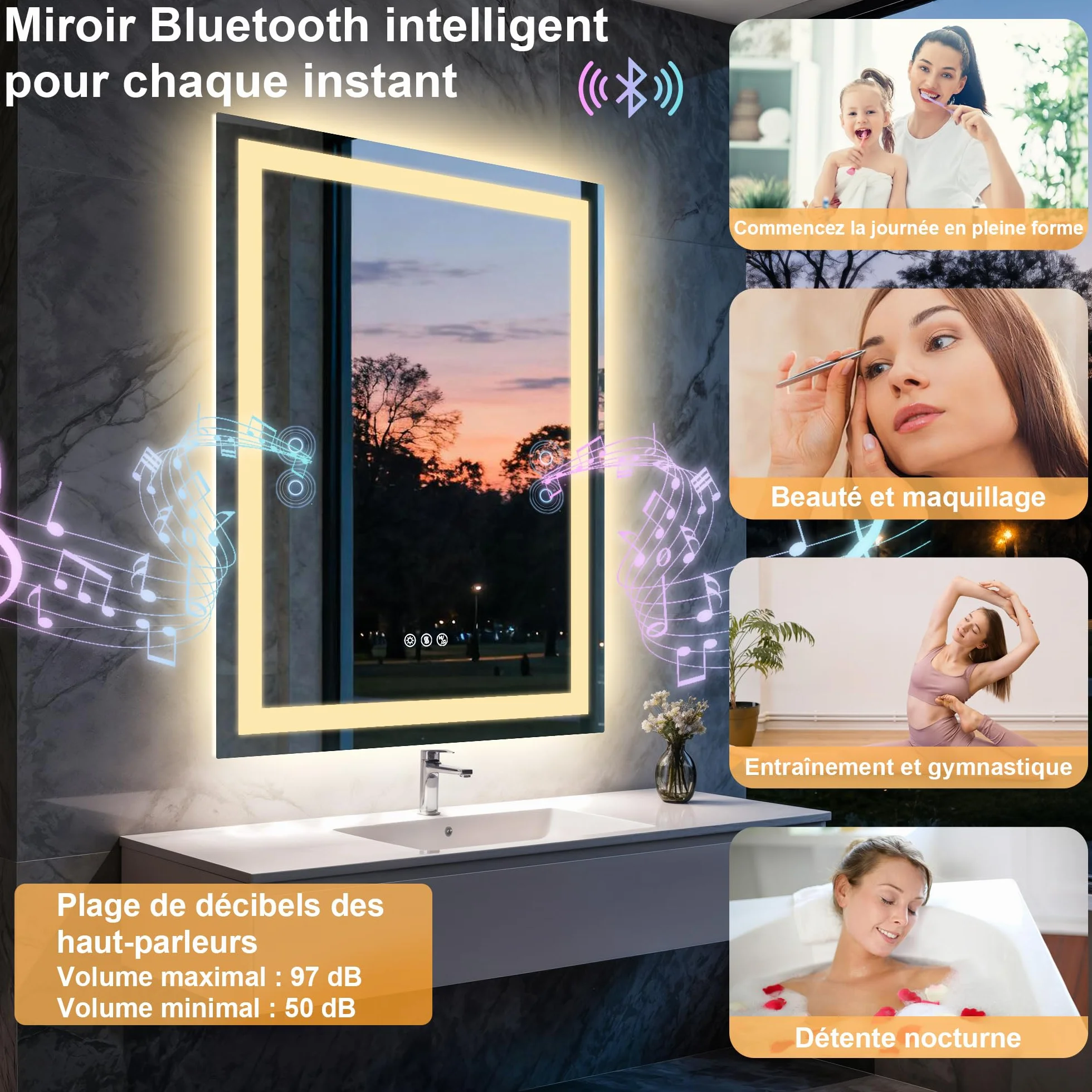 Miroir de Salle de Bain LED avec lumières 60x80cm,Double Haut-Parleur Bluetooth,Anti-buée,3 températures de Couleur,luminosité à intensité Variable,Fonction mémoire,étanche,Support Mural