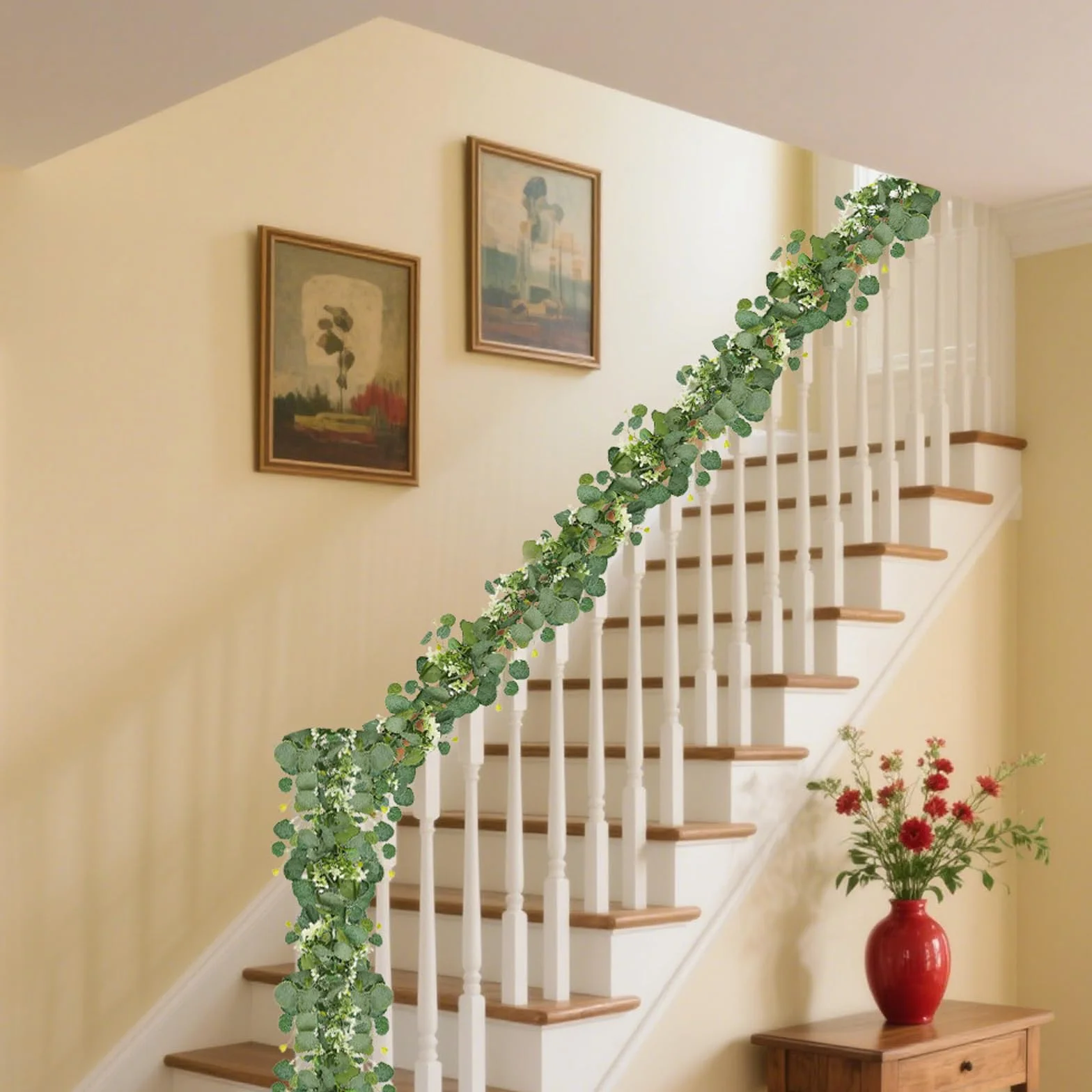 Guirlande Eucalyptus Artificielle 1,8 m avec Fleurs Blanches