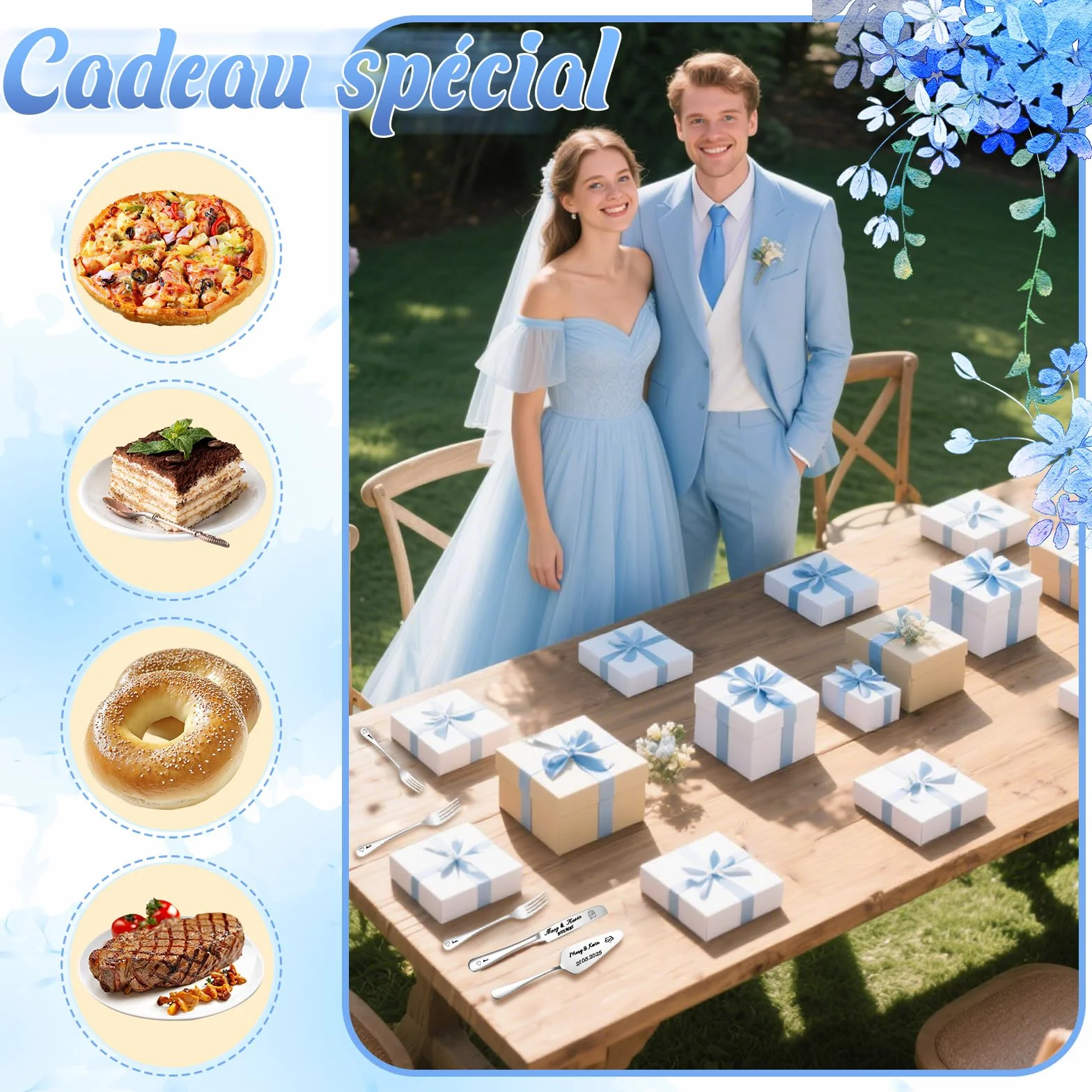 Couteau à Gâteau Mariage Personnalisé Ensemble Acier Inoxydable Gravure Cadeau Fiançailles Argent