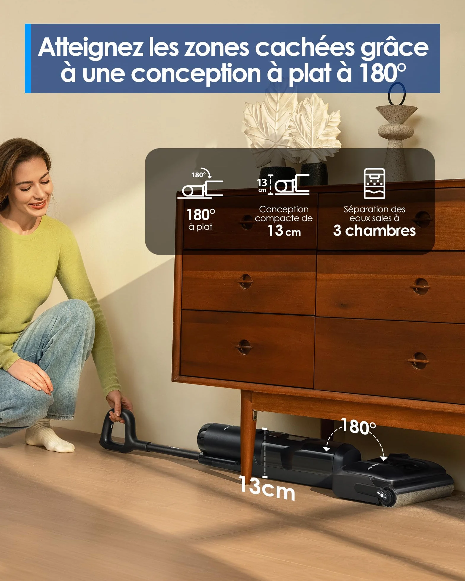 Tineco Floor One S7 Stretch Ultra Aspirateur Laveur Balai sans Fil Anti-emmêlage Plat 180° Autonomie 50 Minutes Auto-Nettoyage Flashdry 85°C
