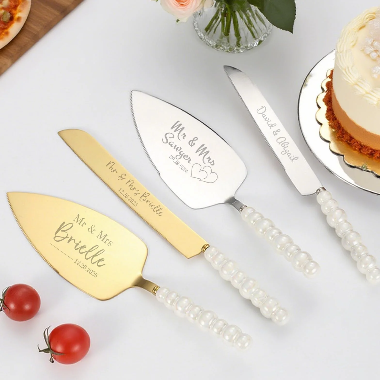 Couteau à Gâteau de Mariage Personnalisé en Acier Inoxydable avec Gravure, Ensemble Couteau et Serveur