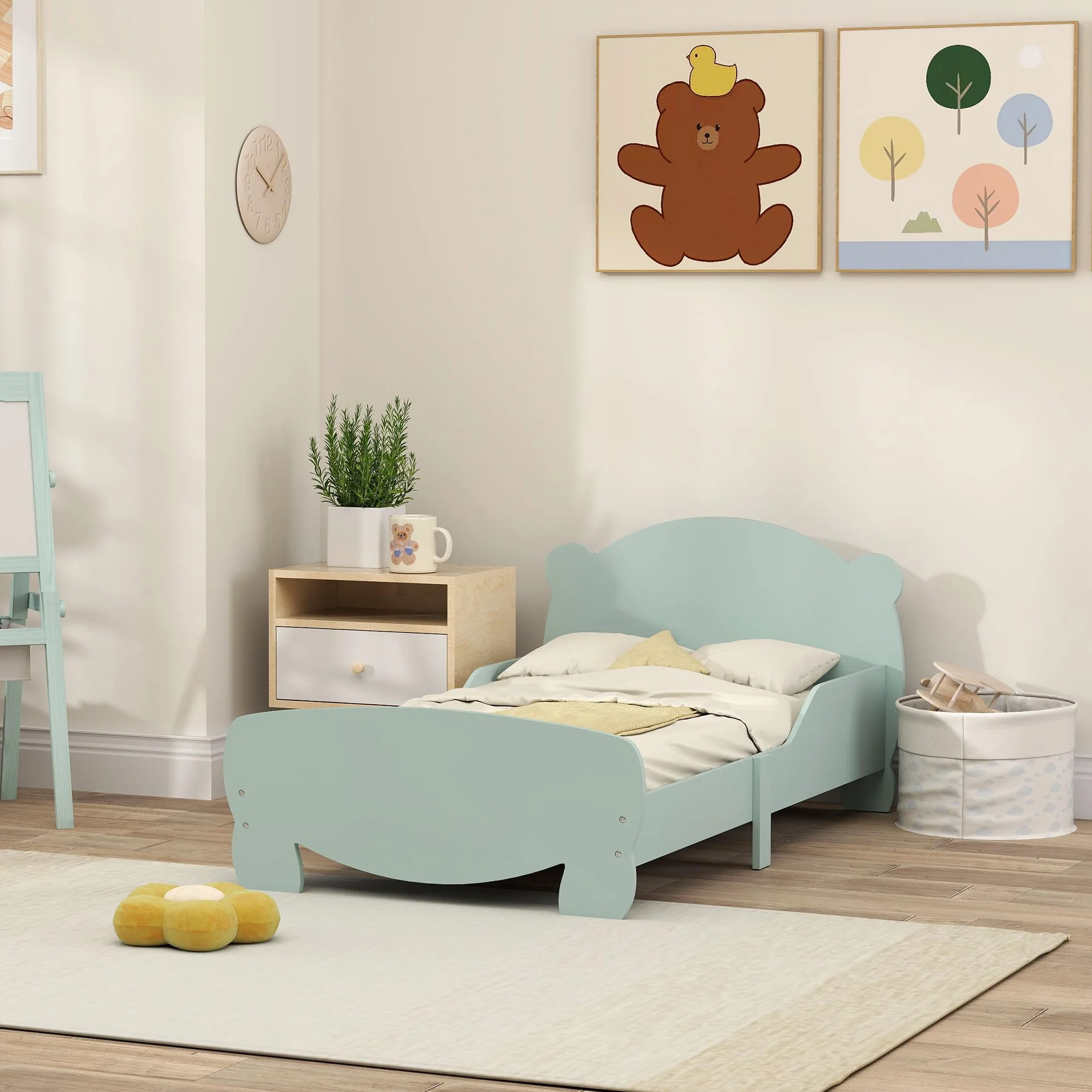 AIYAPLAY Lit Enfant lit au Sol Enfant 70x140 cm avec barrière de sécurité, sommier à Lattes Inclus et décorations d'ours, pour garçons et Filles de 3 à 6 Ans - Vert