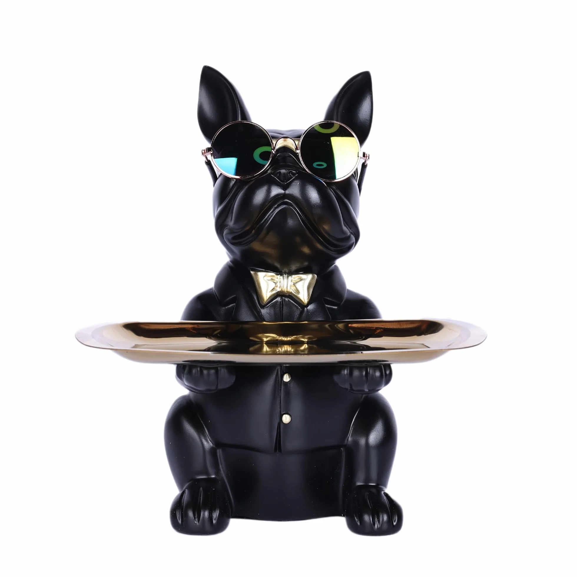 Bouledogue Statue Chien Plateau Décoratif Résine Clés Rangement Décoration Maison Moderne (Noir)