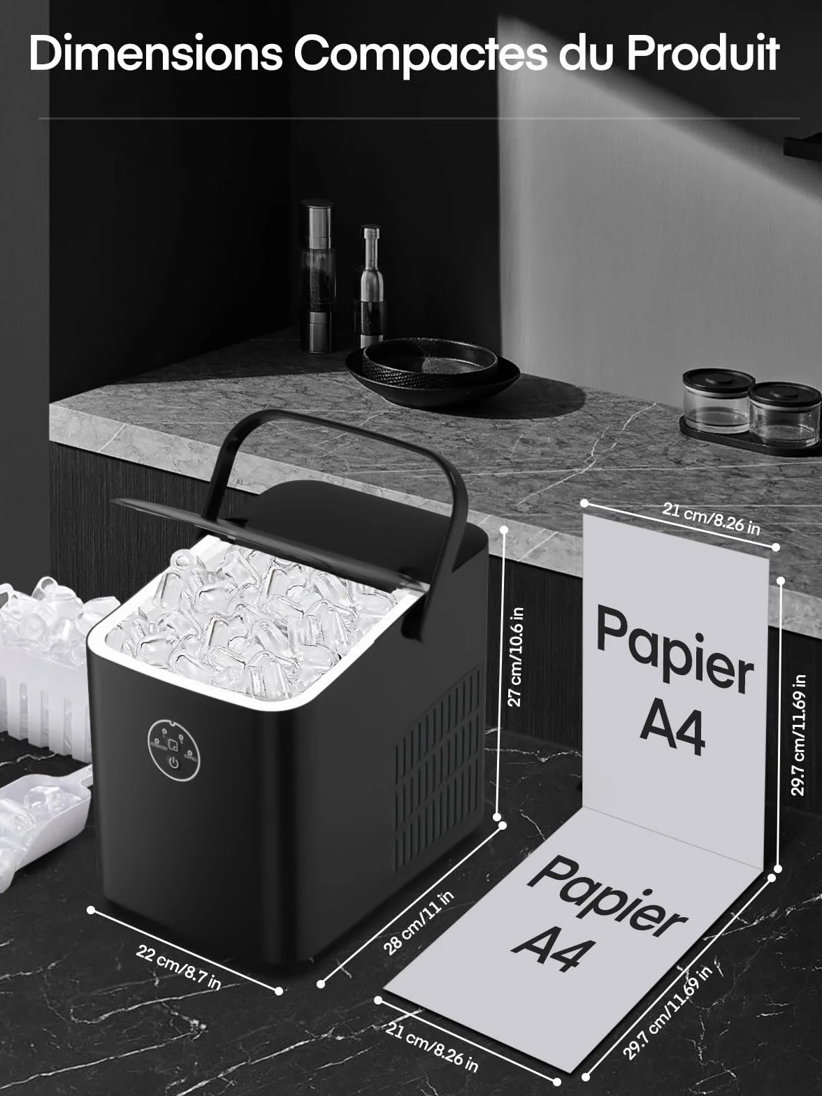 FOHERE Machine à Glaçons 14kg/24h, 8 Glaçons en 8 Minutes, 2 Tailles, Autonettoyante, Ice Maker Comptoir avec Poignée