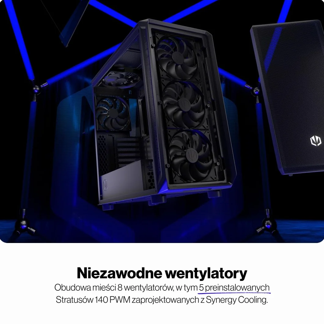 ENDORFY Arx 700 Air, przestronna obudowa ATX, wentylatory 5x140 mm w zestawie, wysoka kompatybilność z wieloma komponentami, miejsce na dwie chłodnice do 360 mm, góra i przód z przewiewnej siatki mesh