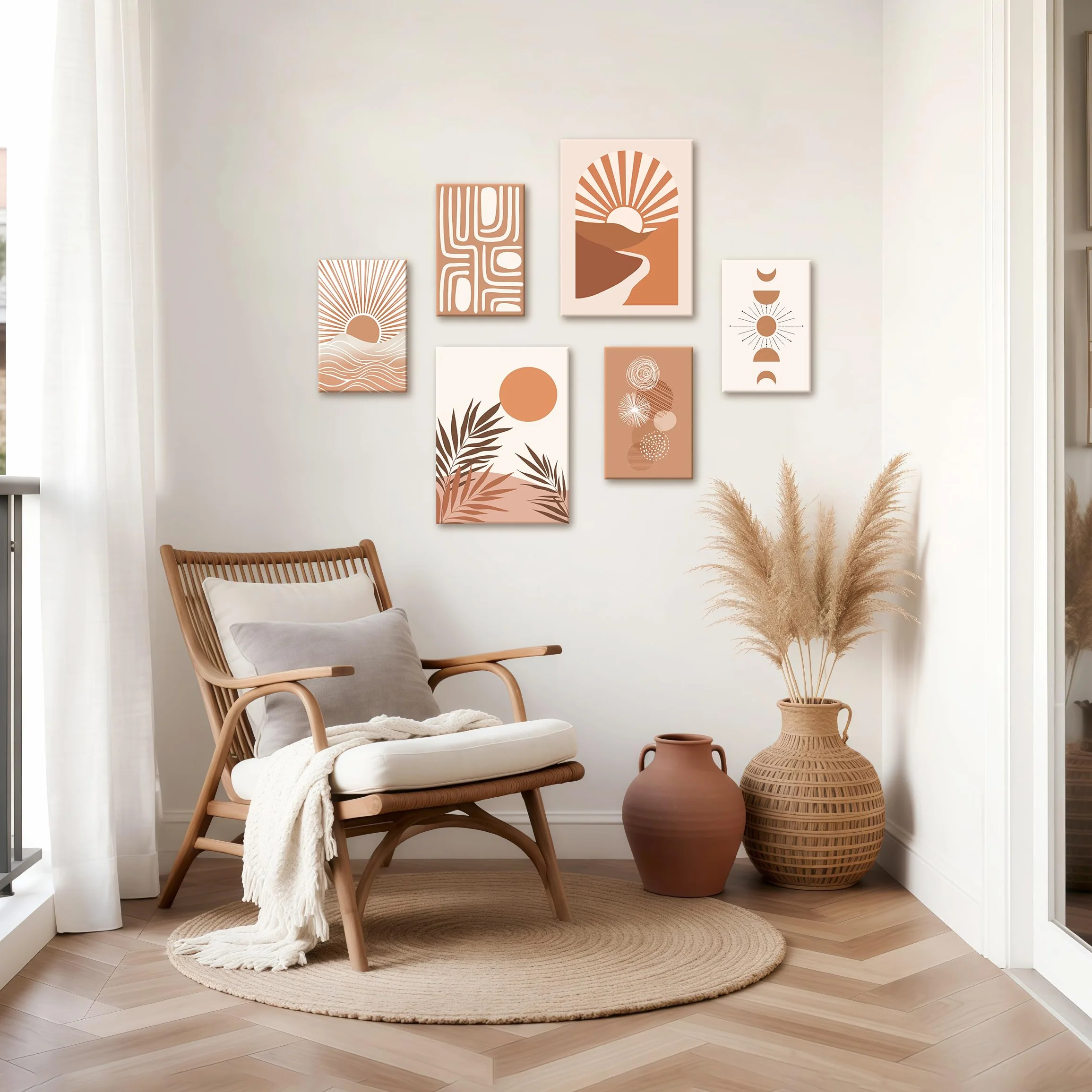 6 Sets of Boho Terracotta Soleil Botanique Tableau Decoration Murale Encadre, Géométrie Lignes Impression sur toile Abstrait Paysage Tableau Peinture Posters Déco Mural pour Salon Chambre Cuisine