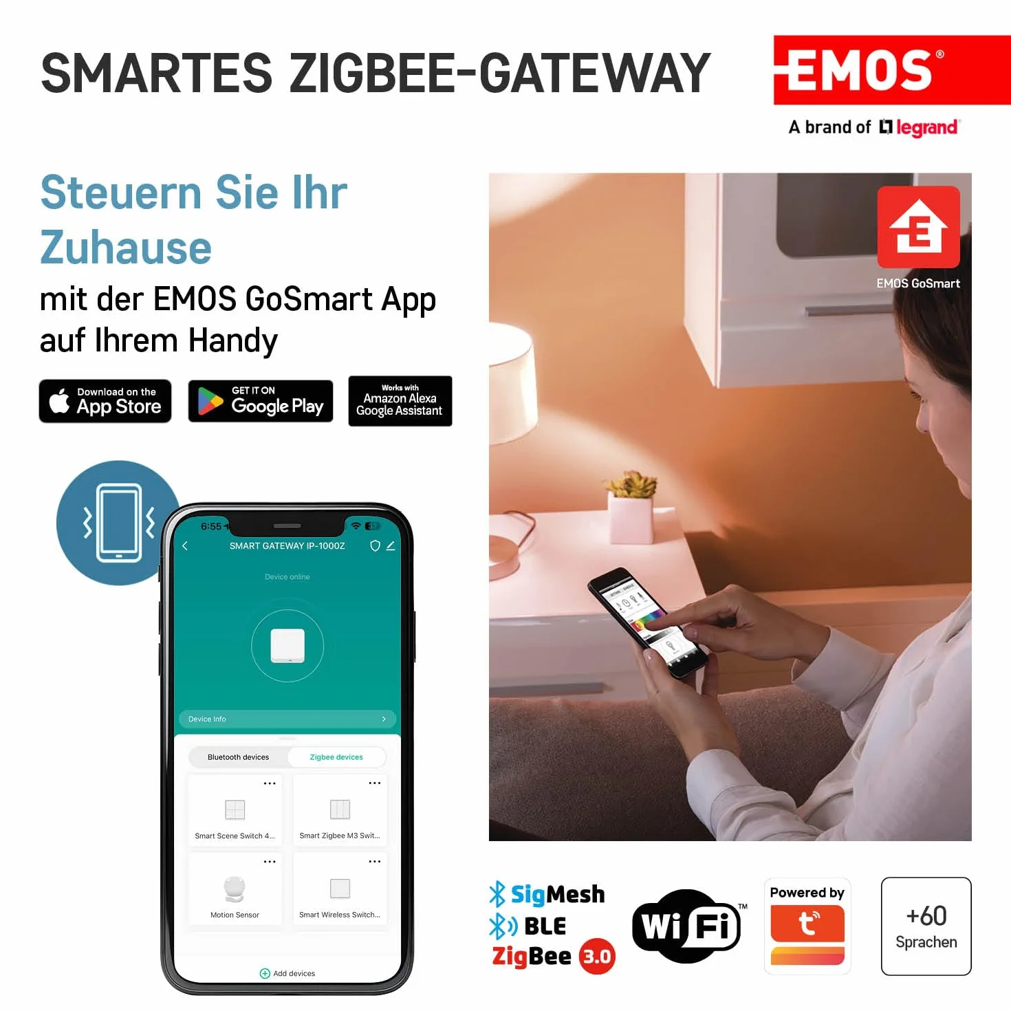 EMOS GoSmart ZigBee Gateway IP-1000Z, Smart Home Hub kompatybilny z Tuya, Smart Life, obsługuje Bluetooth, WiFi 2,4 GHz, 6 x 6 cm, biały