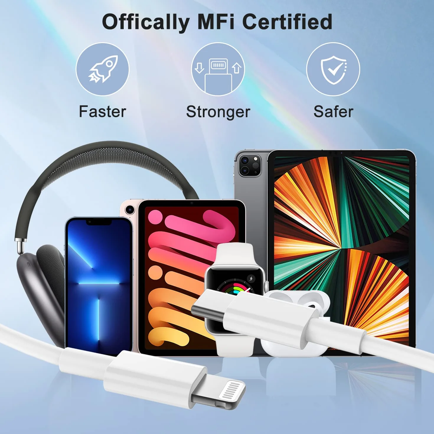 Lot de 2 câbles USB C vers Lightning 2 m charge rapide iPhone certifié Apple MFi