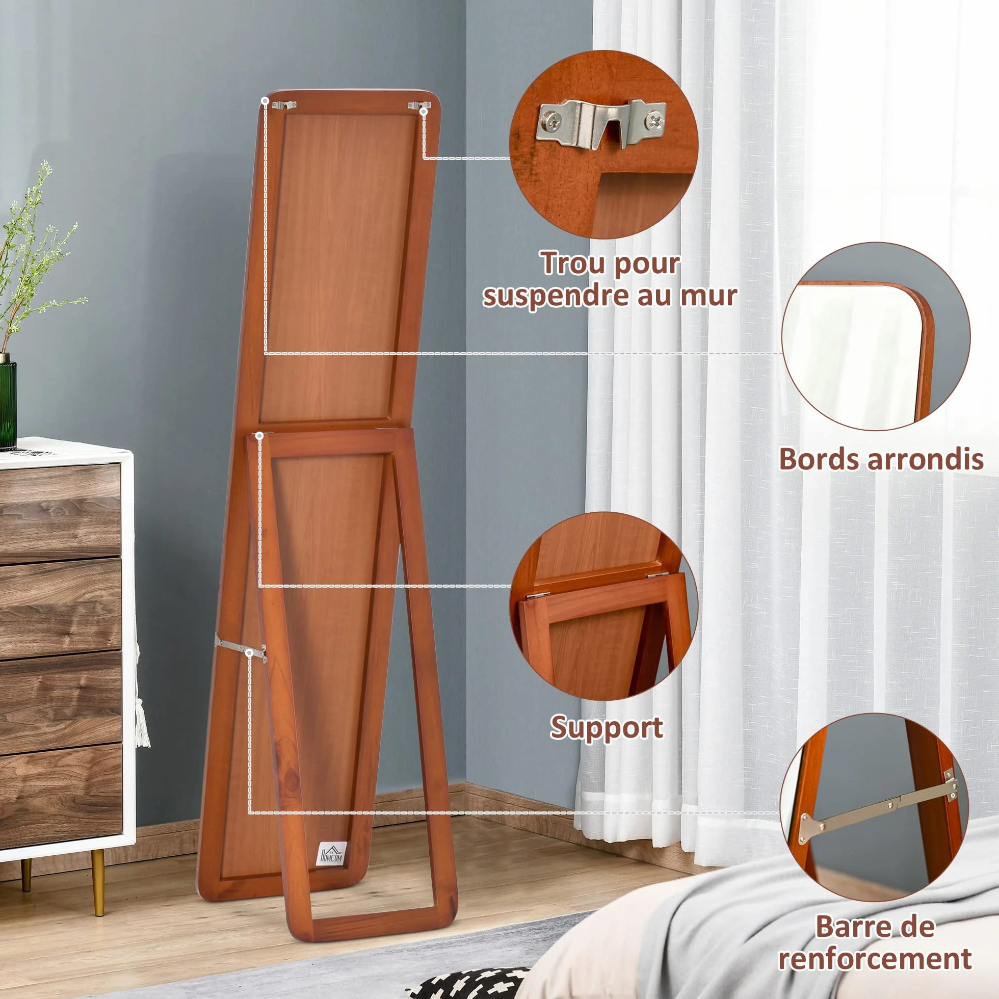 HOMCOM Grand Miroir Pleine Longueur rectangulaire 37 x 160 cm sur Pied ou Mural Noyer Clair