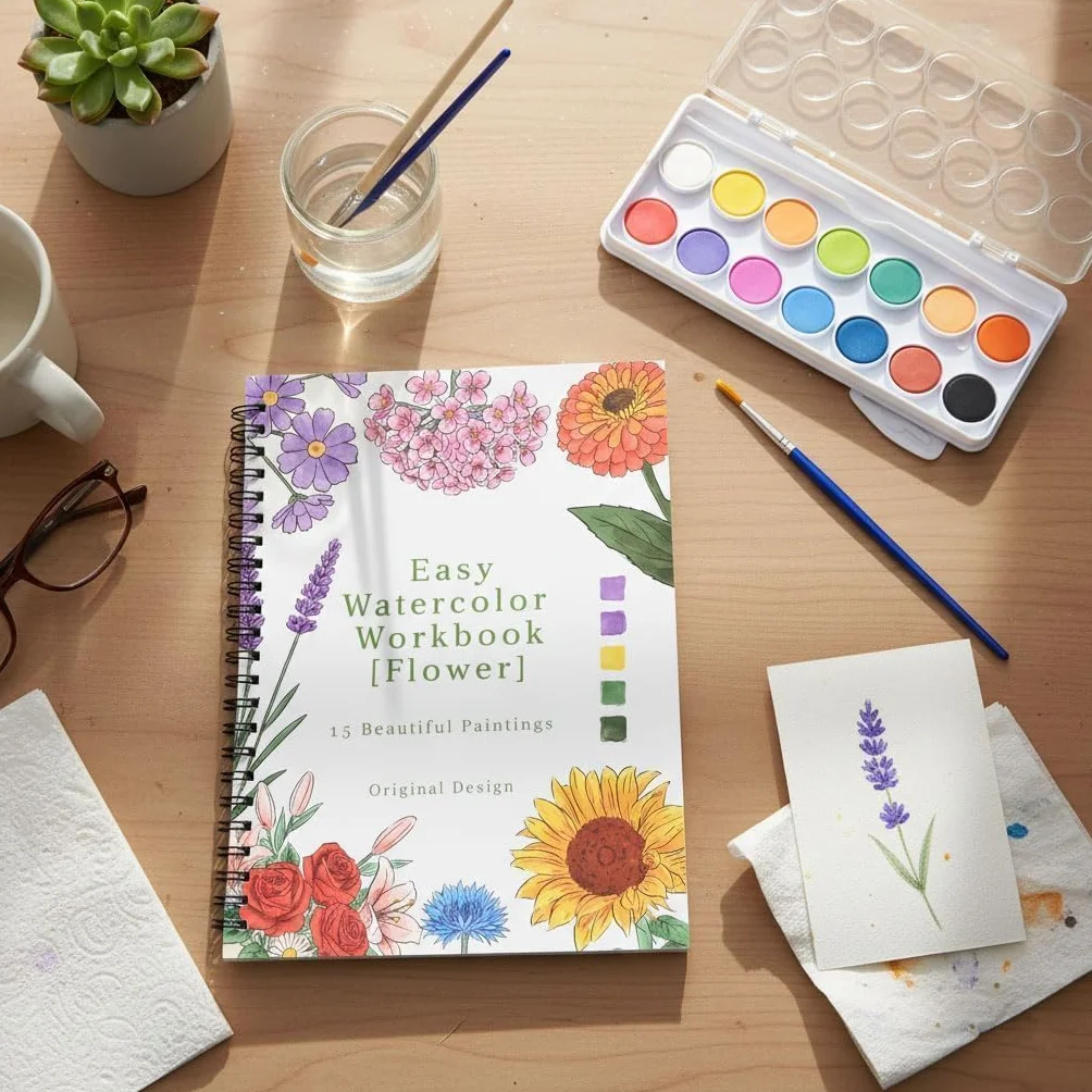 Cahier Aquarelle à Peindre pour Débutant, 16 Couleurs avec Pinceau, Livre Aquarelle Adulte