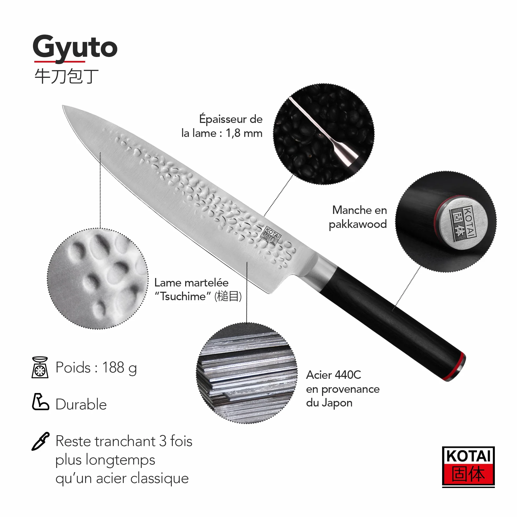 KOTAI Couteau de cuisine KOTAI GYUTO Lame 20cm KT-SG-001H