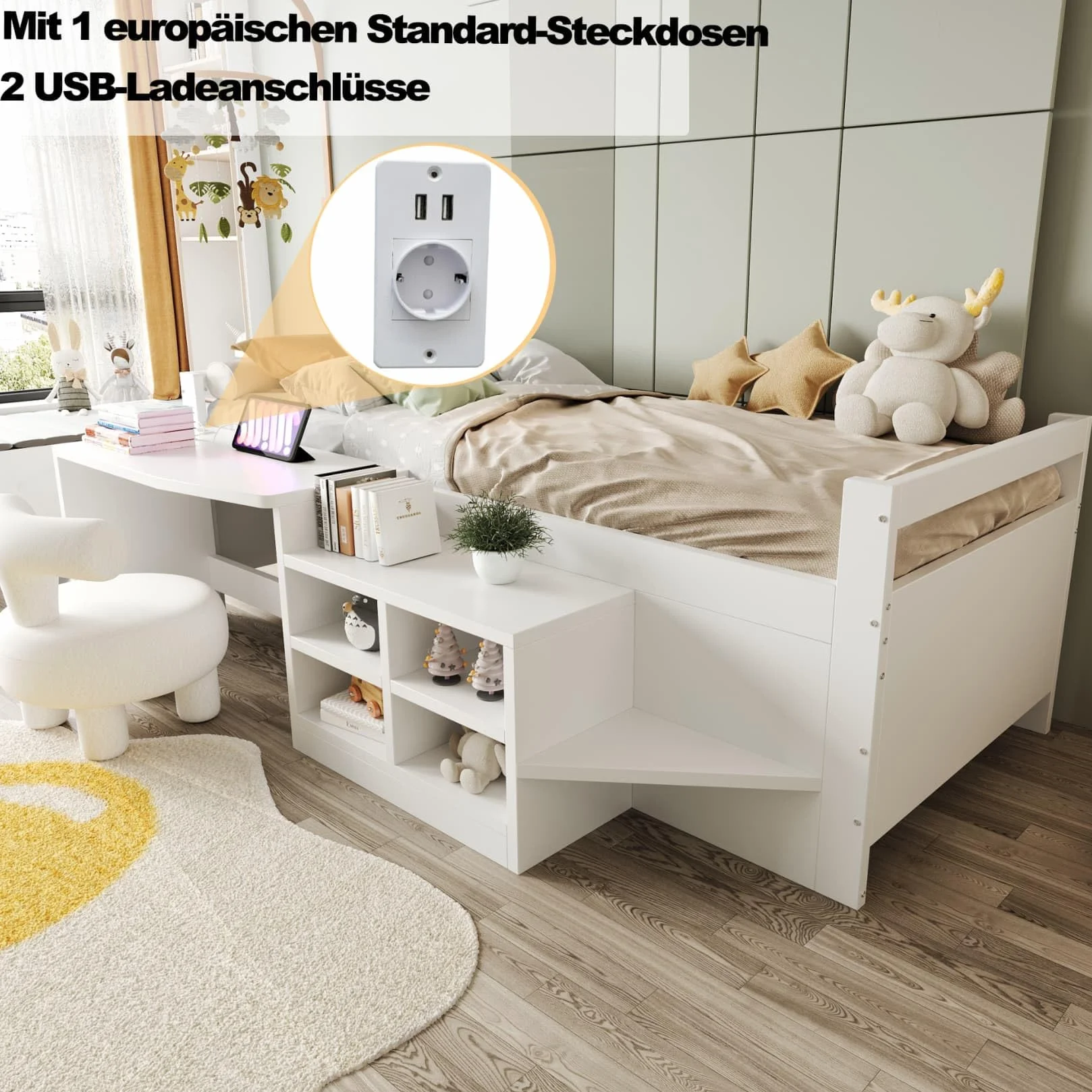 Lit Une Place 90x200cm,Lit 1 Personne avec Bureau,Prises électriques,4 Compartiments de Rangement,Sommier à Lattes Solide,pour Garçons Filles(A-Blanc, 90x200)