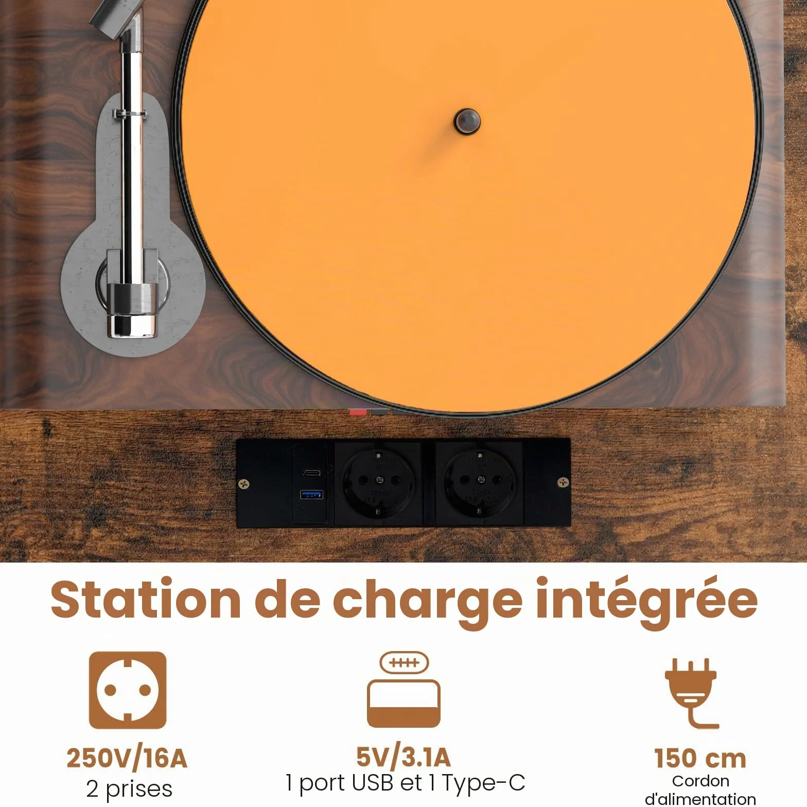 KOMFOTTEU Meuble Platine Vinyle avec Station de Charge, Support de Tourne-Disque avec 4 Compartiments Semi-Ouverts et 1 Tiroir, Meuble Tourne-Disque,80 x 40 x 79 cm, Style Industriel