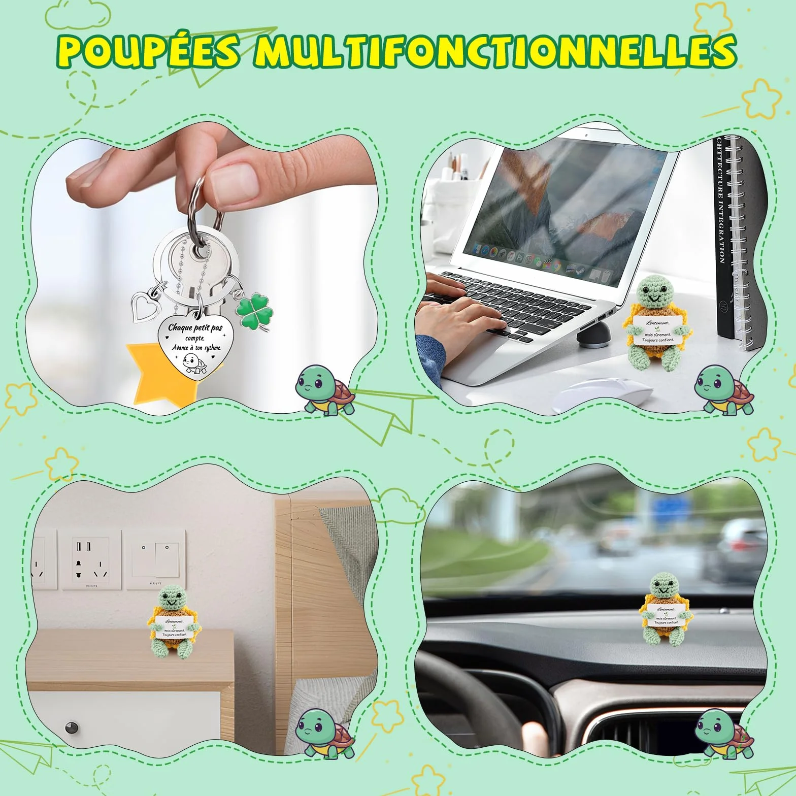 Tortue Positive Poupée Tortue en Français au Crochet avec Porte Clés et Carte Cadeau Femme Original