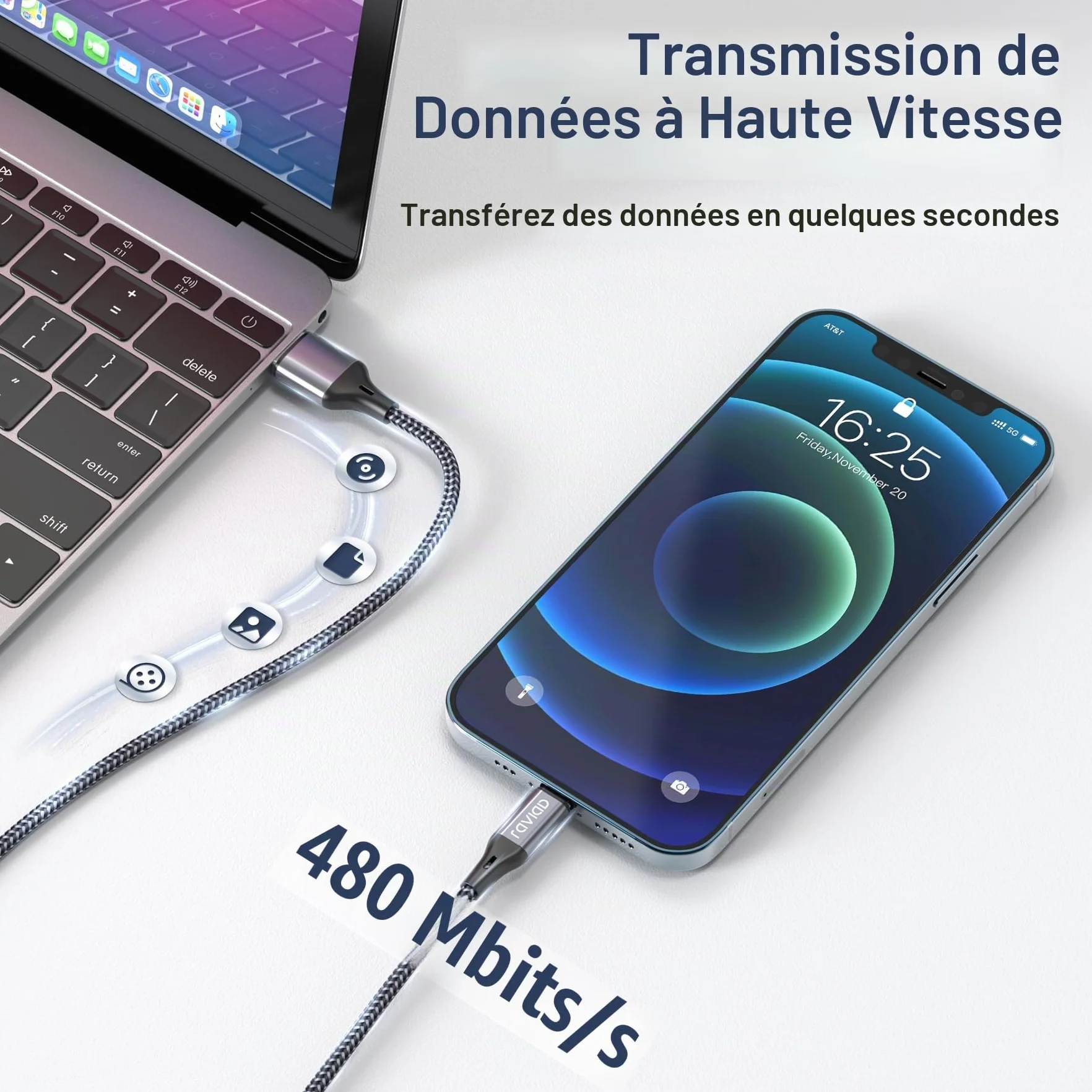 RAVIAD Câble iPhone Chargeur MFi Lightning Nylon Tressé 1.2m Gris