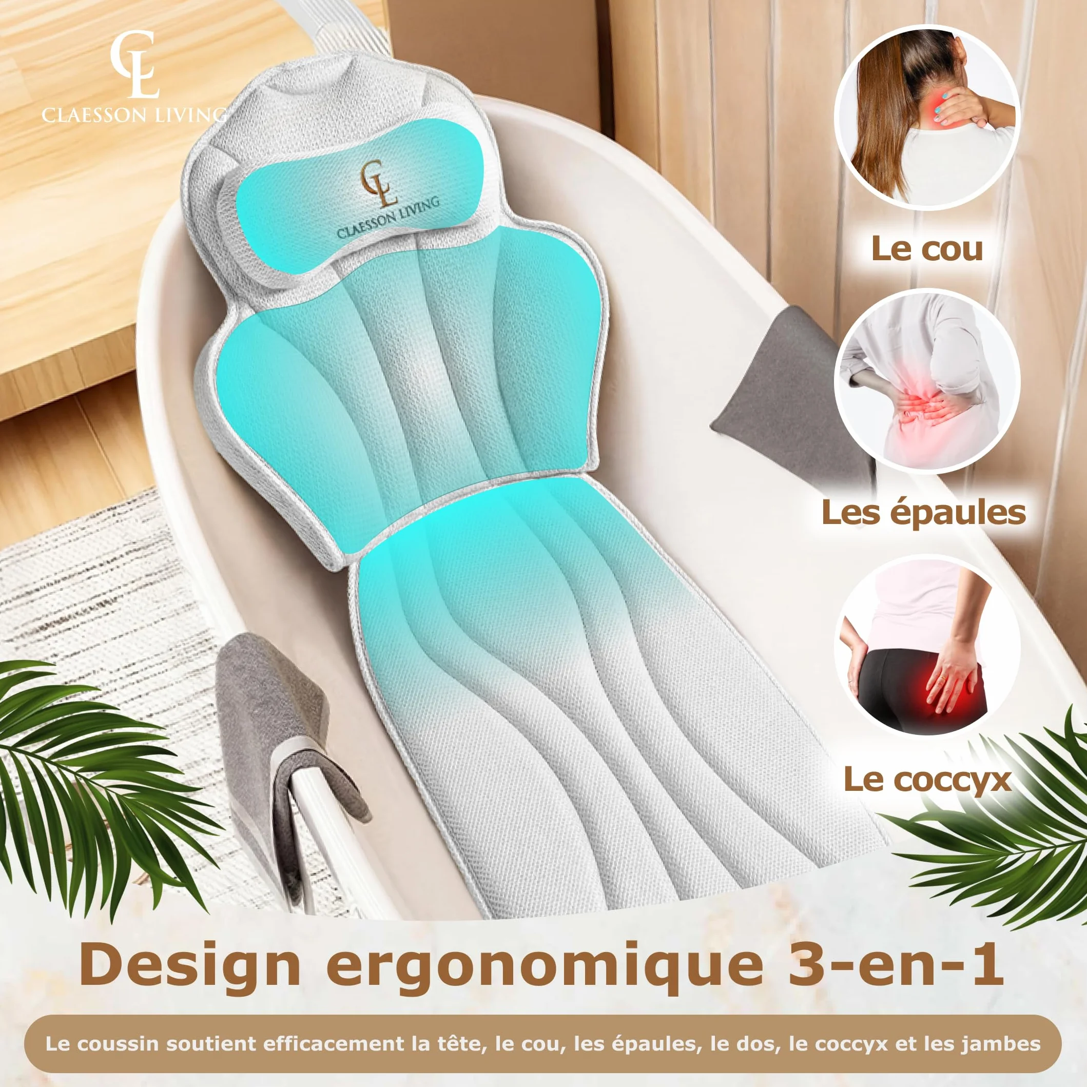Coussin Baignoire Corps Complet Claessonliving (152x56cm) - Matelas de Bain avec appuie-tête (11cm) & Supports Corps - Coussin Baignoire Adulte - Oreiller Baignoire - Sacs de Lavage Inclus - Blanc