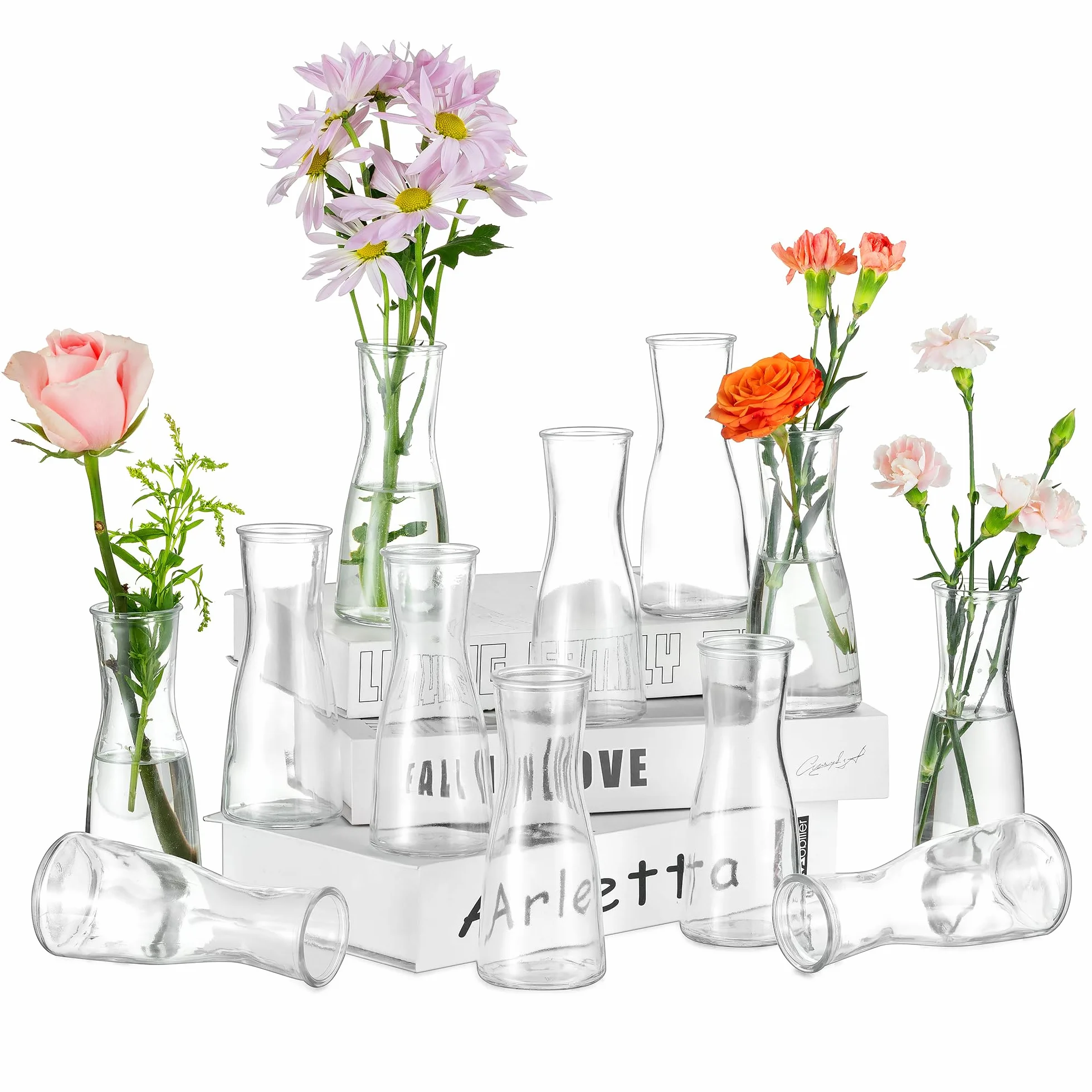 Hewory Petites Vases pour Décoration de Table de Mariage : Lot de 12 Vases en Verre Petites Vases de Table pour Décoration de Mariage - Vase à Fleurs en Verre Moderne Petites Vases en Verre Fines pour