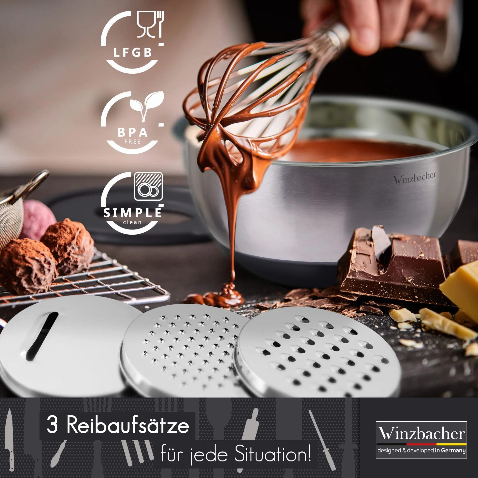 Winzbacher Bol en acier inoxydable avec couvercle [Lot de 5] 1 l + 1,5 l + 2,5 l + 3,5 l + 4,5 l | Bol à mélanger, saladier, set de bols | antidérapant | empilable | râpe incluse