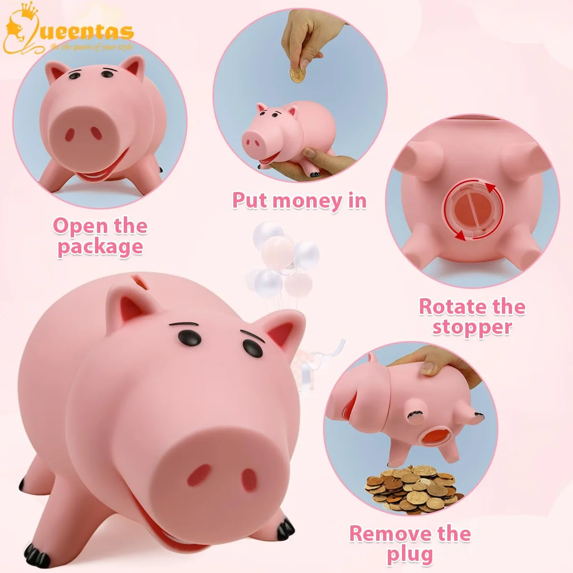 Queentas Tirelire Enfant Toy Story Hamm Tirelires décoratives Billet et Piece Cadeau Garcon Fille Rose