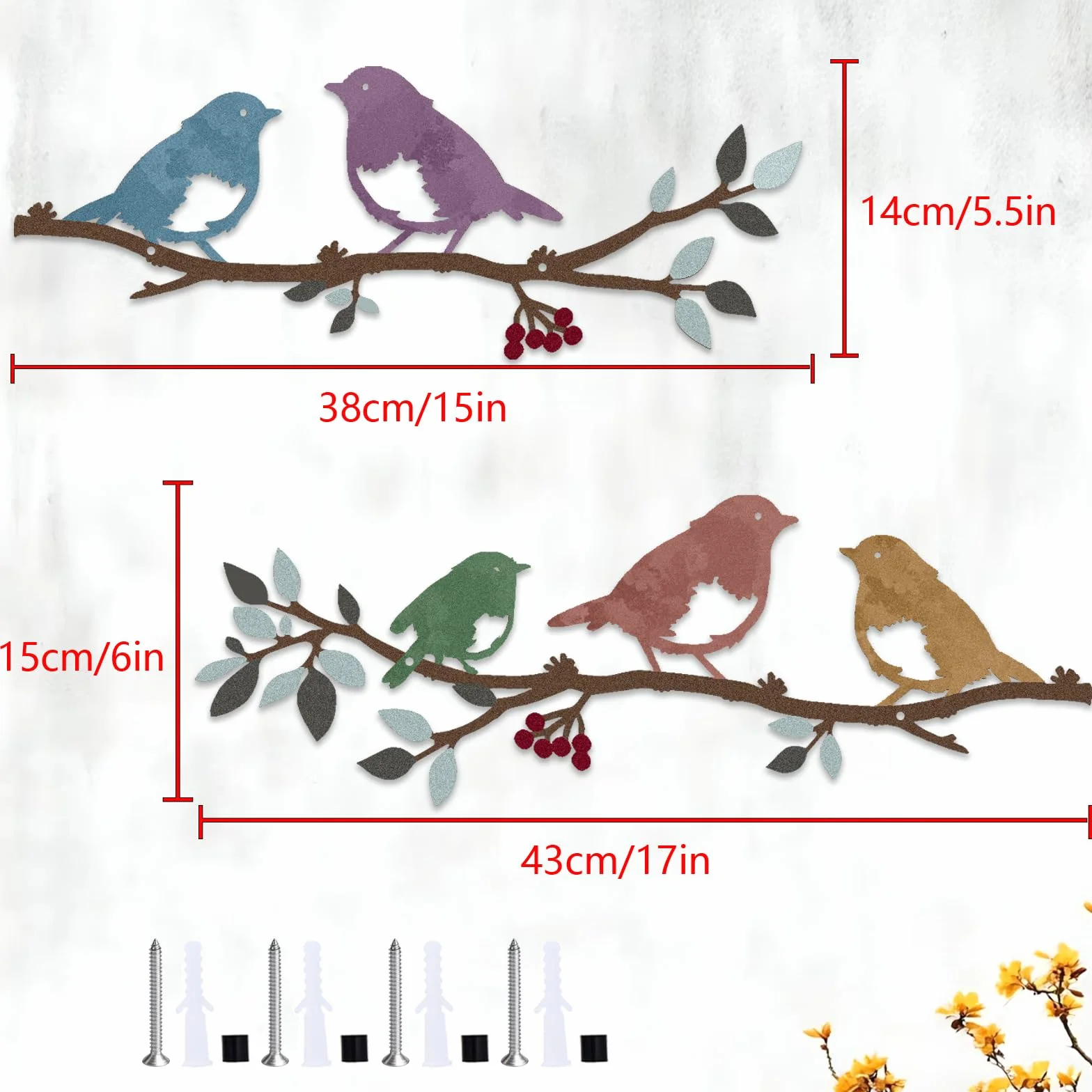 Lot de 2 oiseaux muraux en métal sur une branche, Décoration murale feuilles silhouette oiseaux, Décoration jardin balcon