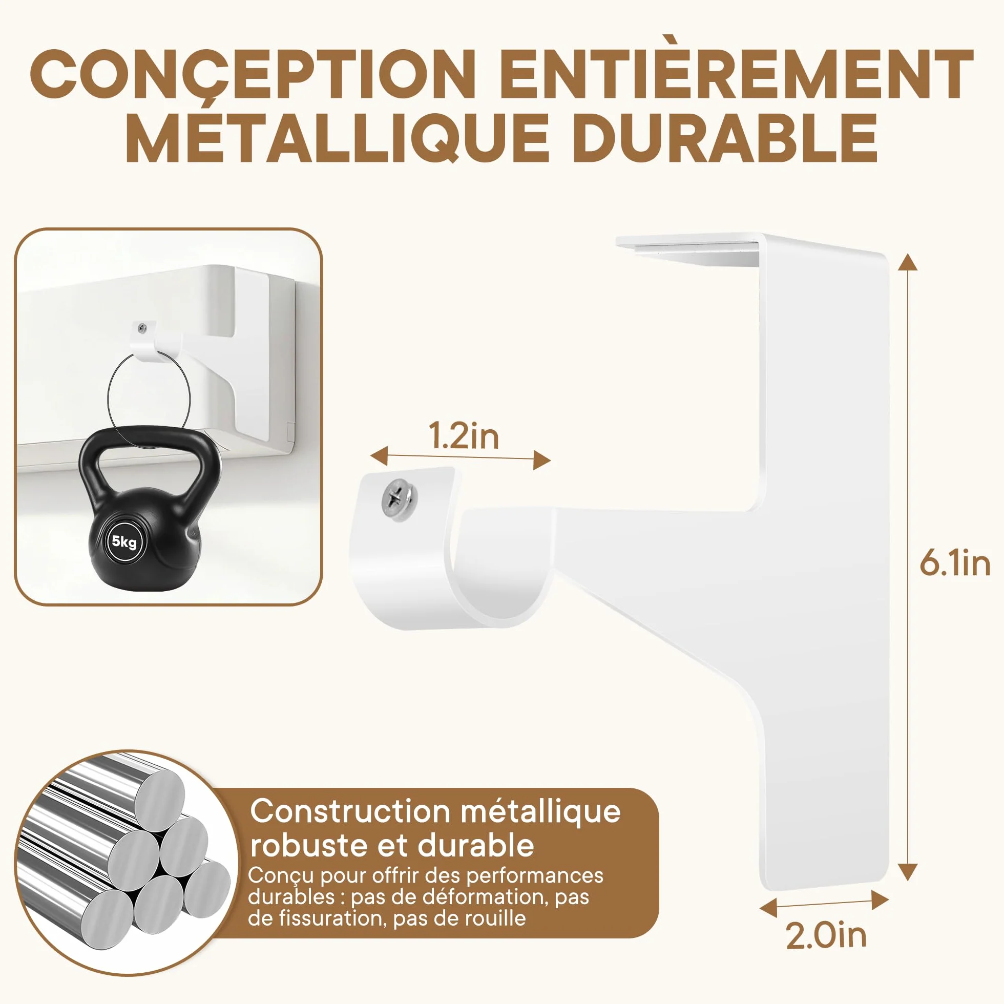 Support Tringle Rideau Sans Perçage Ultra-Résistant Métal 19-28 mm Blanc 2 Supports
