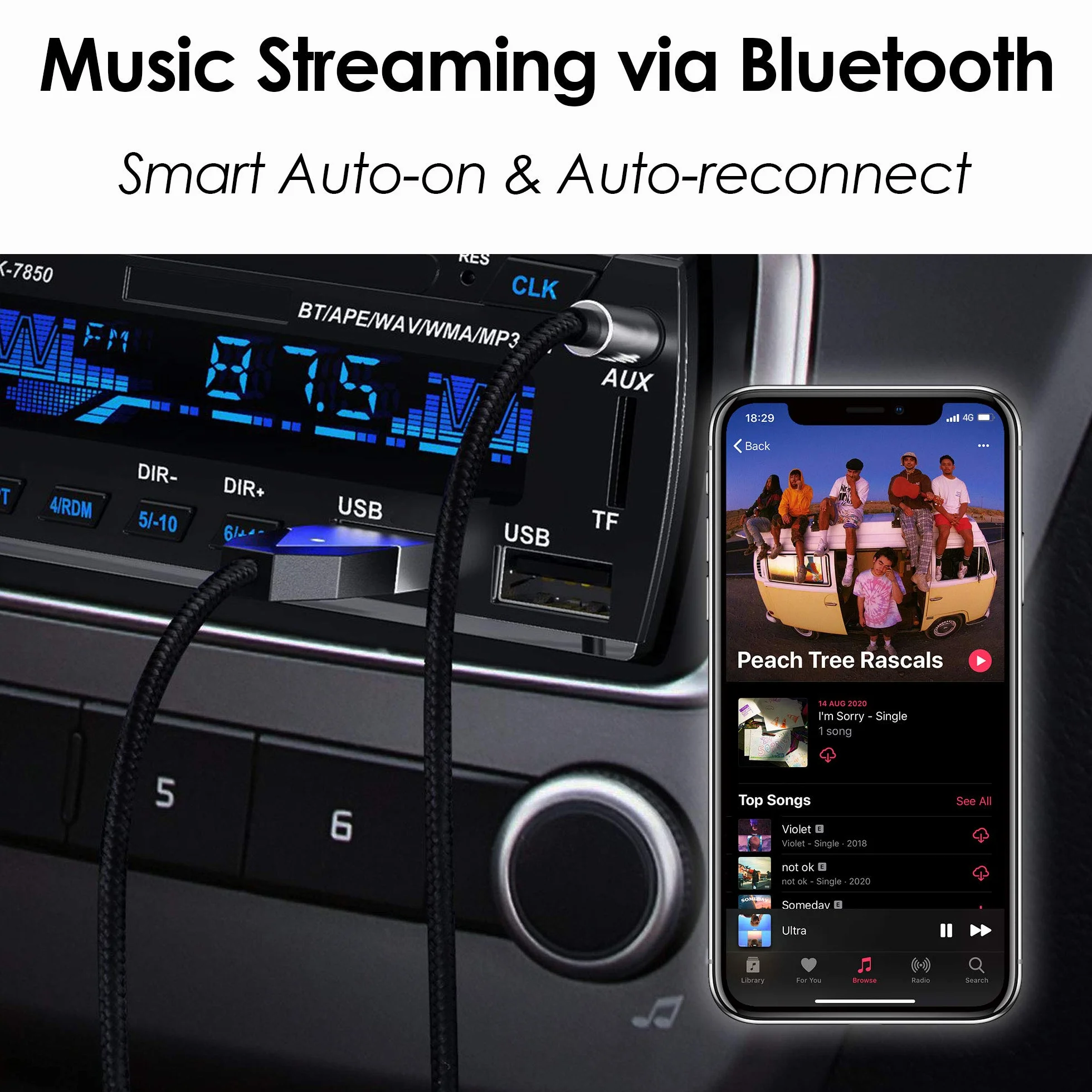 PALOVUE Adapter Aux Bluetooth, zestaw audio, adapter USB z gniazdem 3,5 mm do strumieniowego przesyłania muzyki w samochodzie, połączeń telefonicznych lub domowego stereo, wbudowany mikrofon
