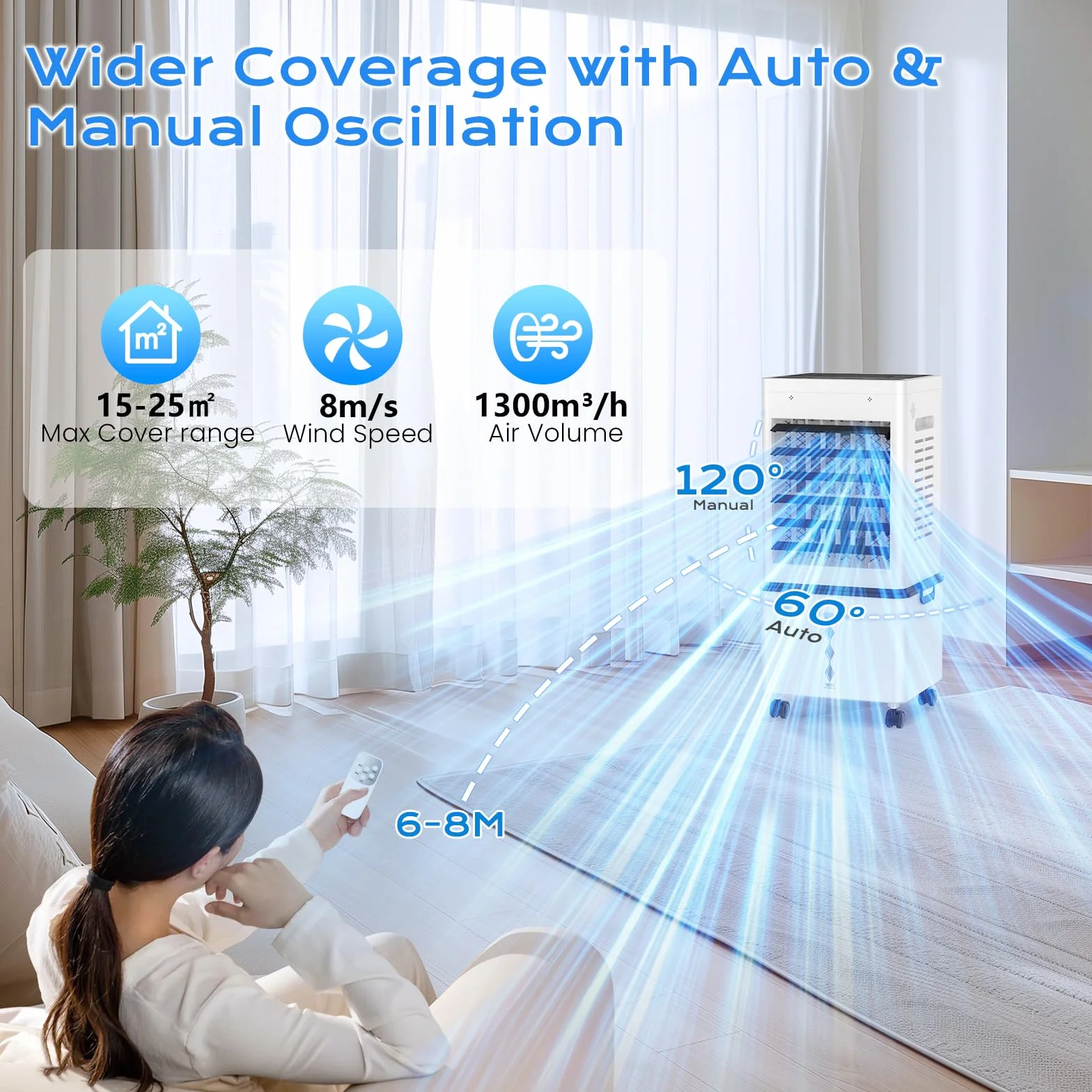Climatiseur Mobile Silencieux Sans Évacuation 12L Rafraichisseur d'air, 45W, 6 Vitesses, 24H Minuterie, 3 Modes, Oscillation 60°/120°
