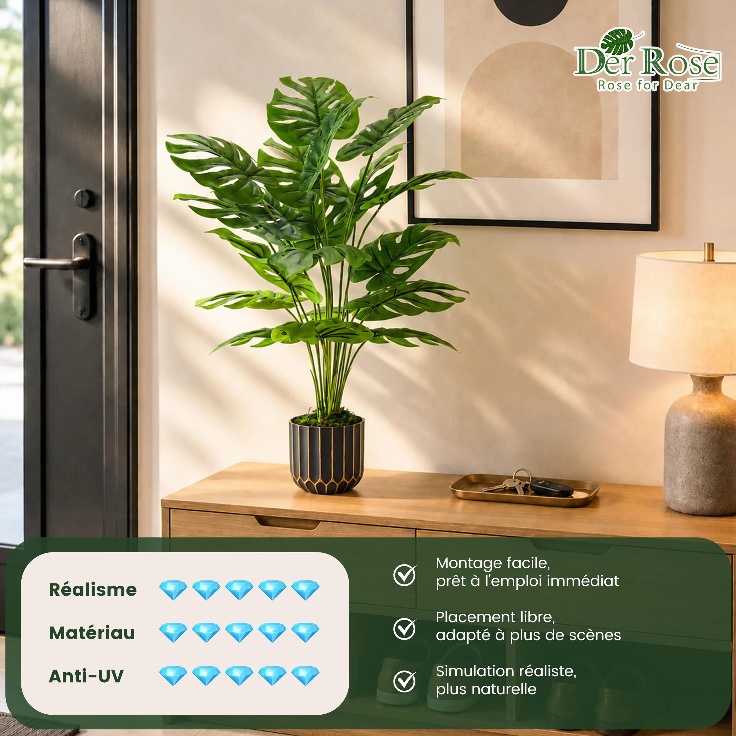 Monstera Artificielle en Pot 71cm Der Rose Plante Décoration Intérieur Salon