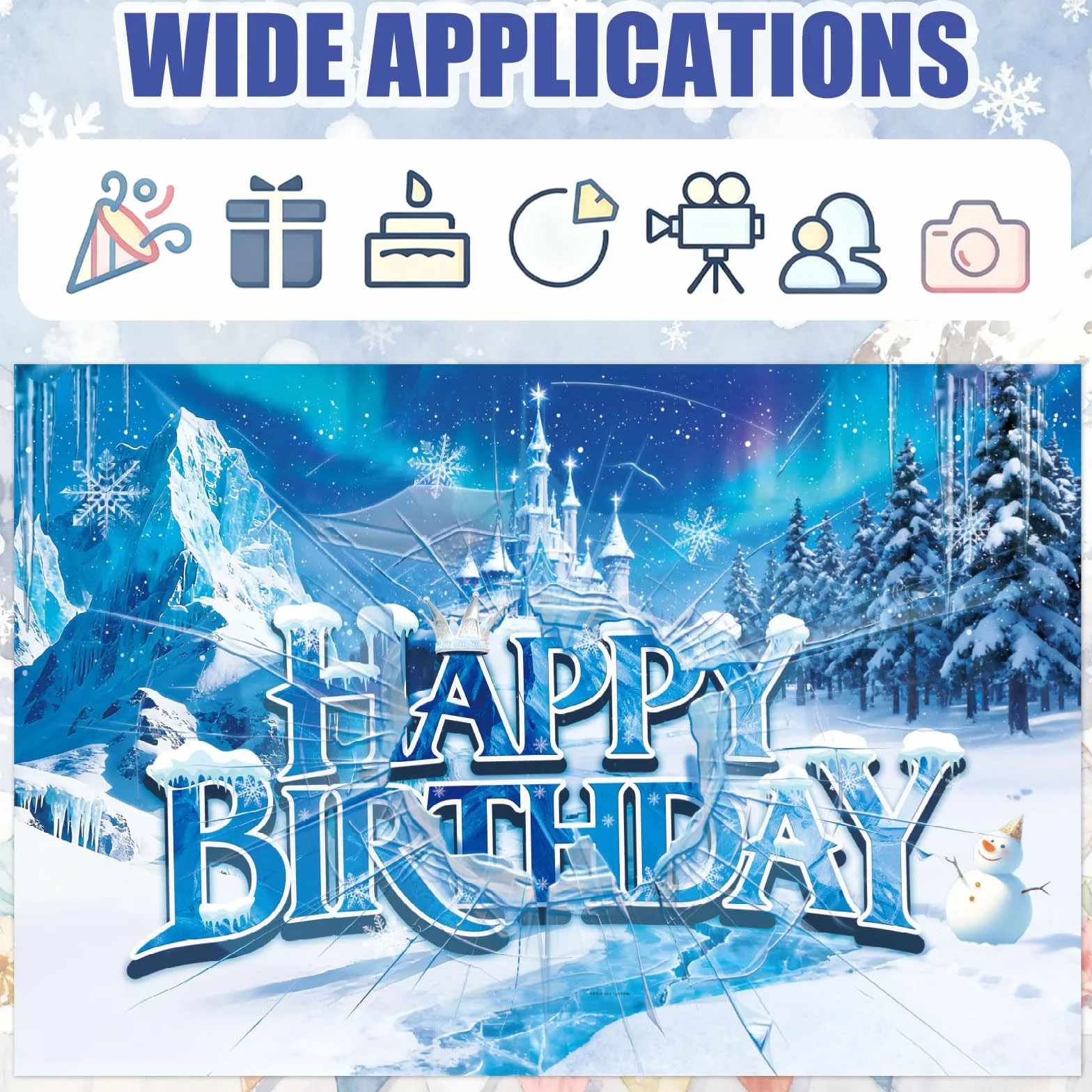 Toile de Fond Joyeux Anniversaire Château de Glace et Neige 150x100cm Bannière Anniversaire Princesse Hiver